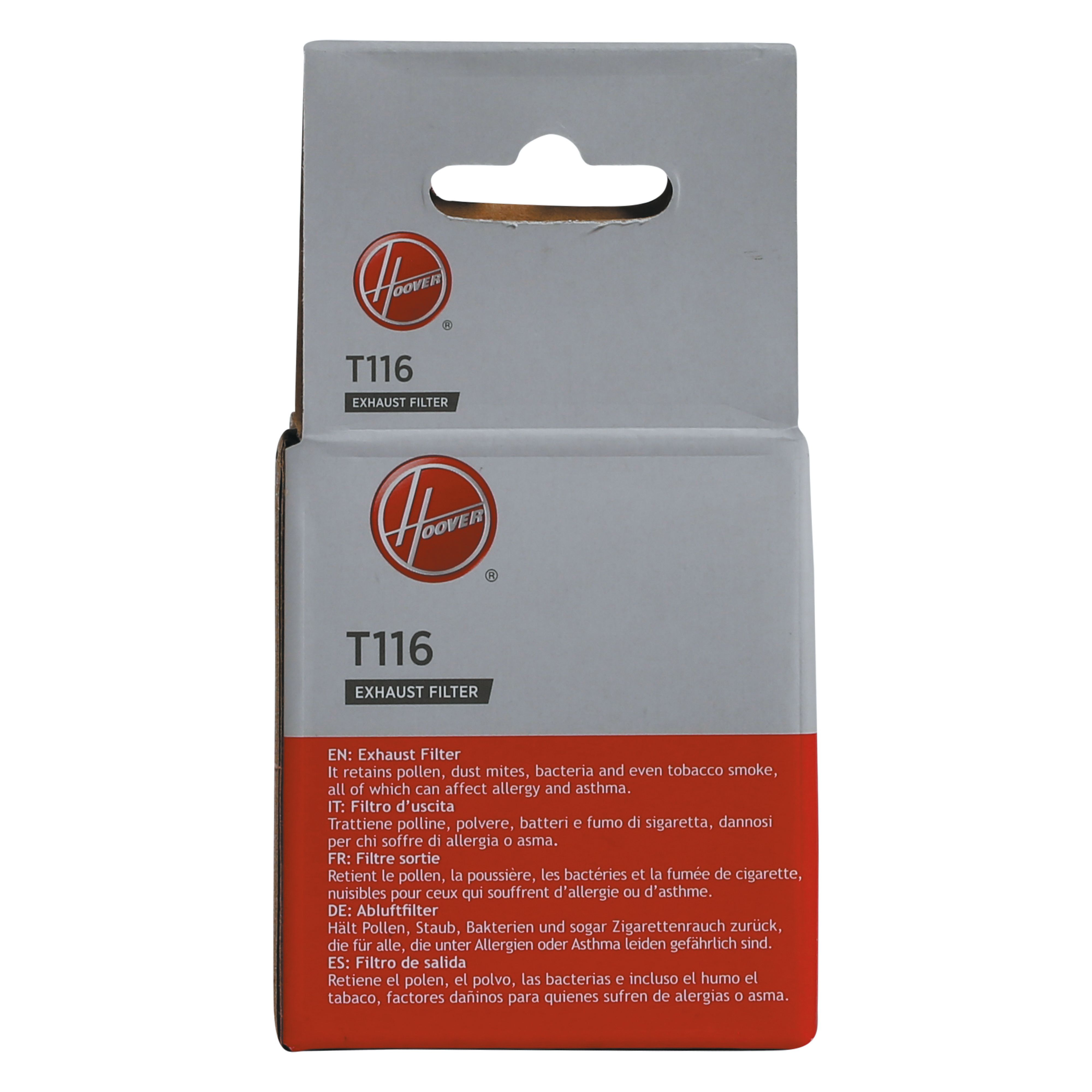 Eine weiß-rote Box für einen Hoover-Abluftfilter, mit Text und Logos.