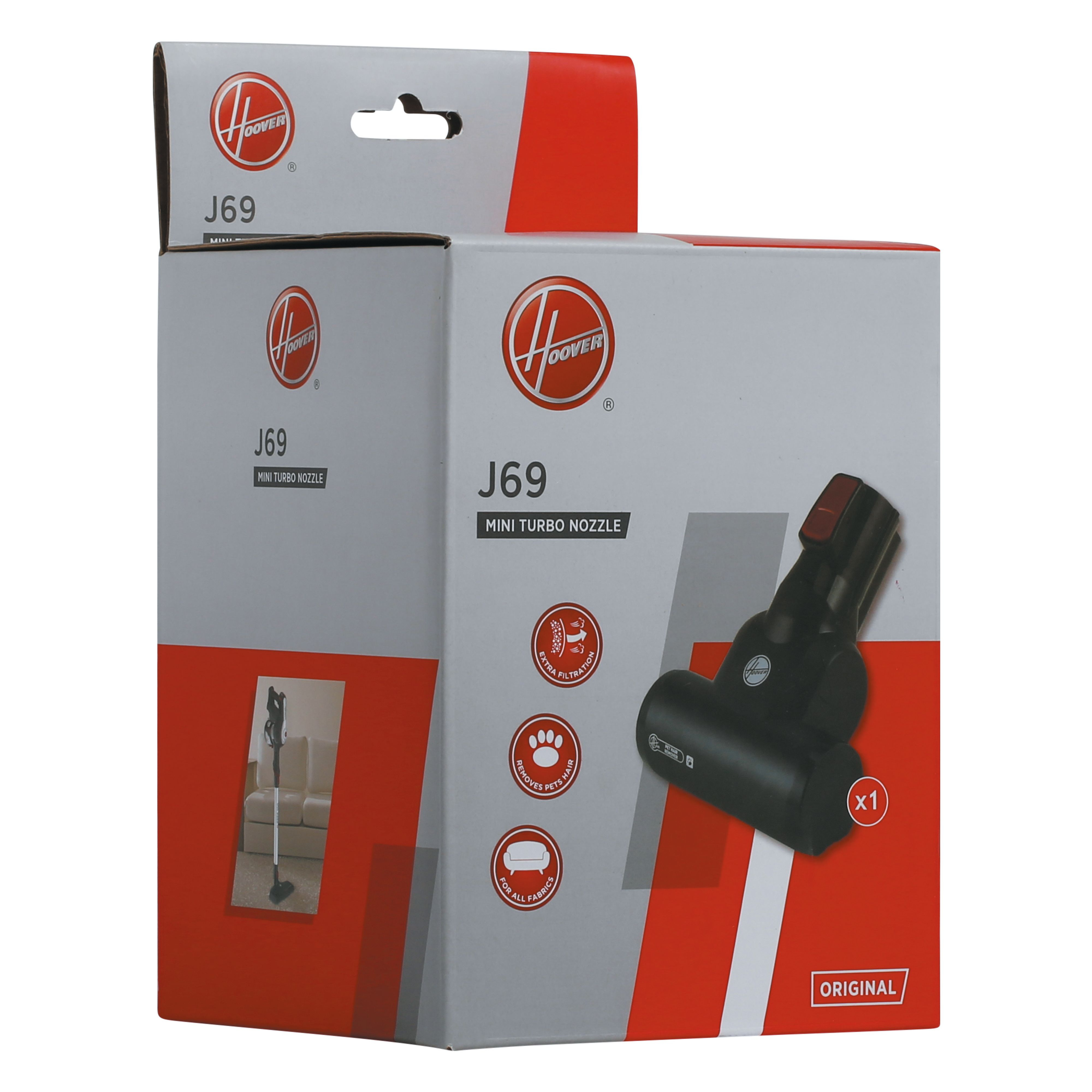 Biało-czerwone pudełko Hoover z etykietą J69 Mini Turbo Nozzle, ze zdjęciem.