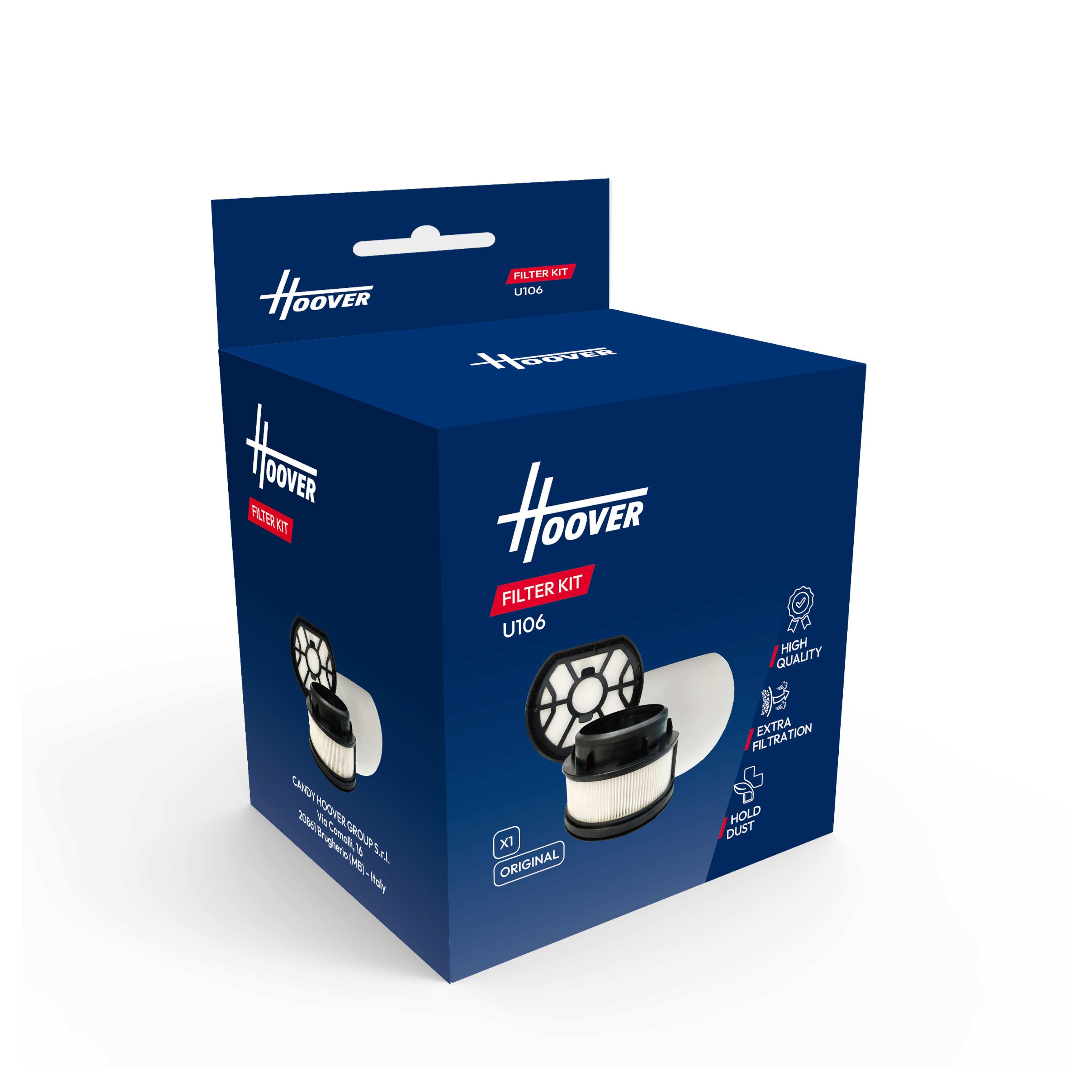 Eine blau-weiße Hoover-Filterkit-Box mit dem Hoover-Logo und Text.
