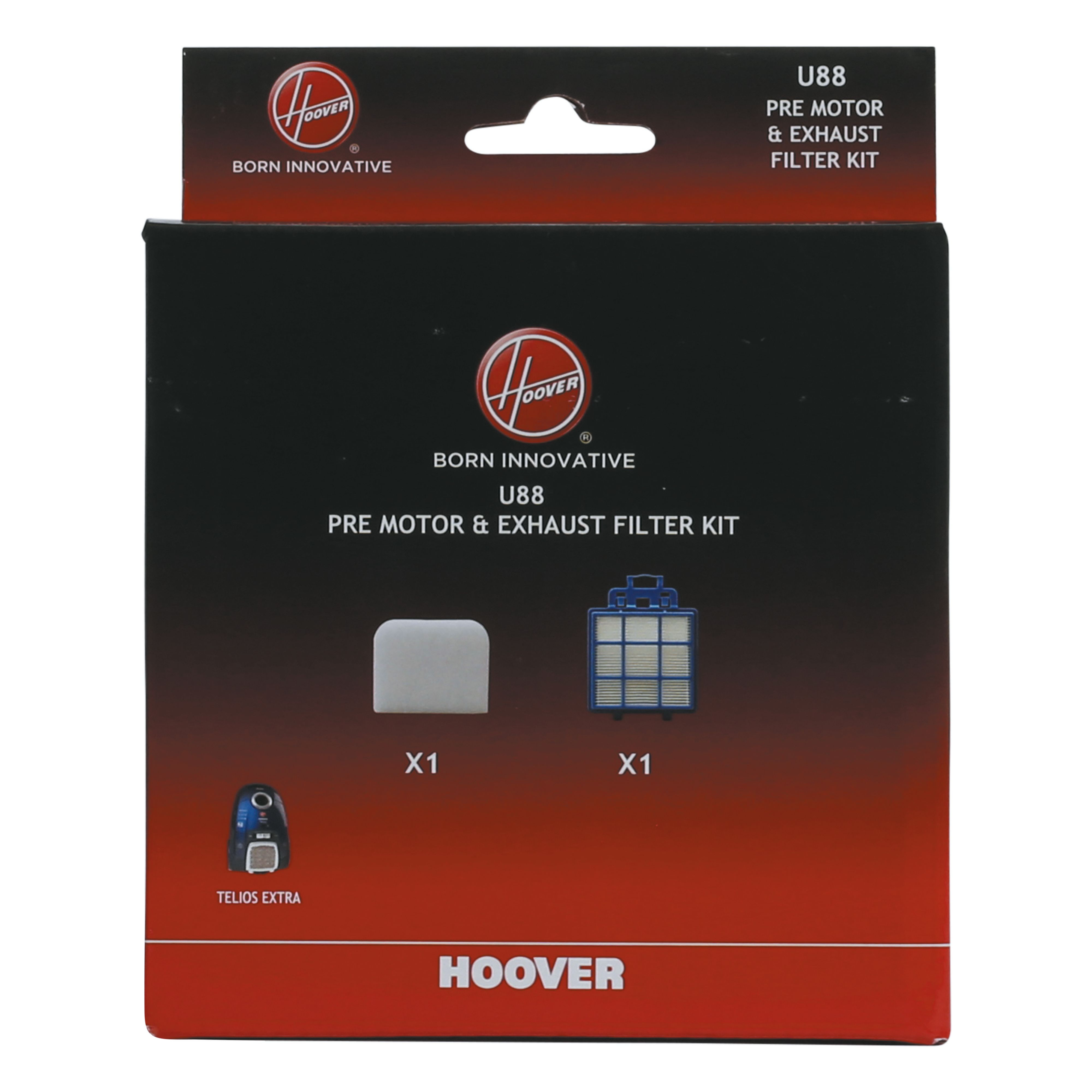 Pudełko zestawu filtrów przed silnikiem i wydechowych Hoover U88. Pokazuje elementy filtra i odkurzacz.