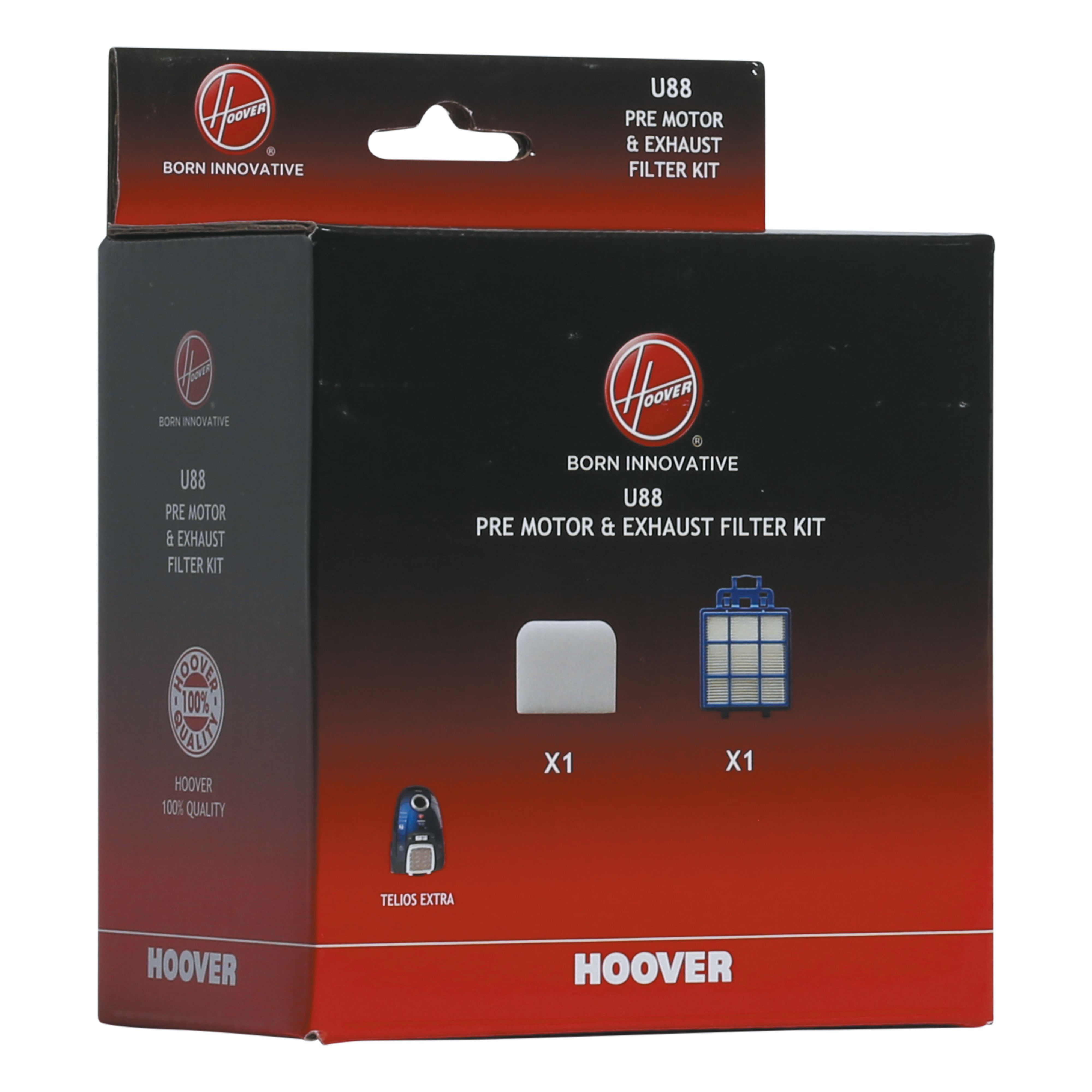 Czerwono-czarne pudełko Hoover z zestawem filtrów przed silnikiem i wylotowym w środku.