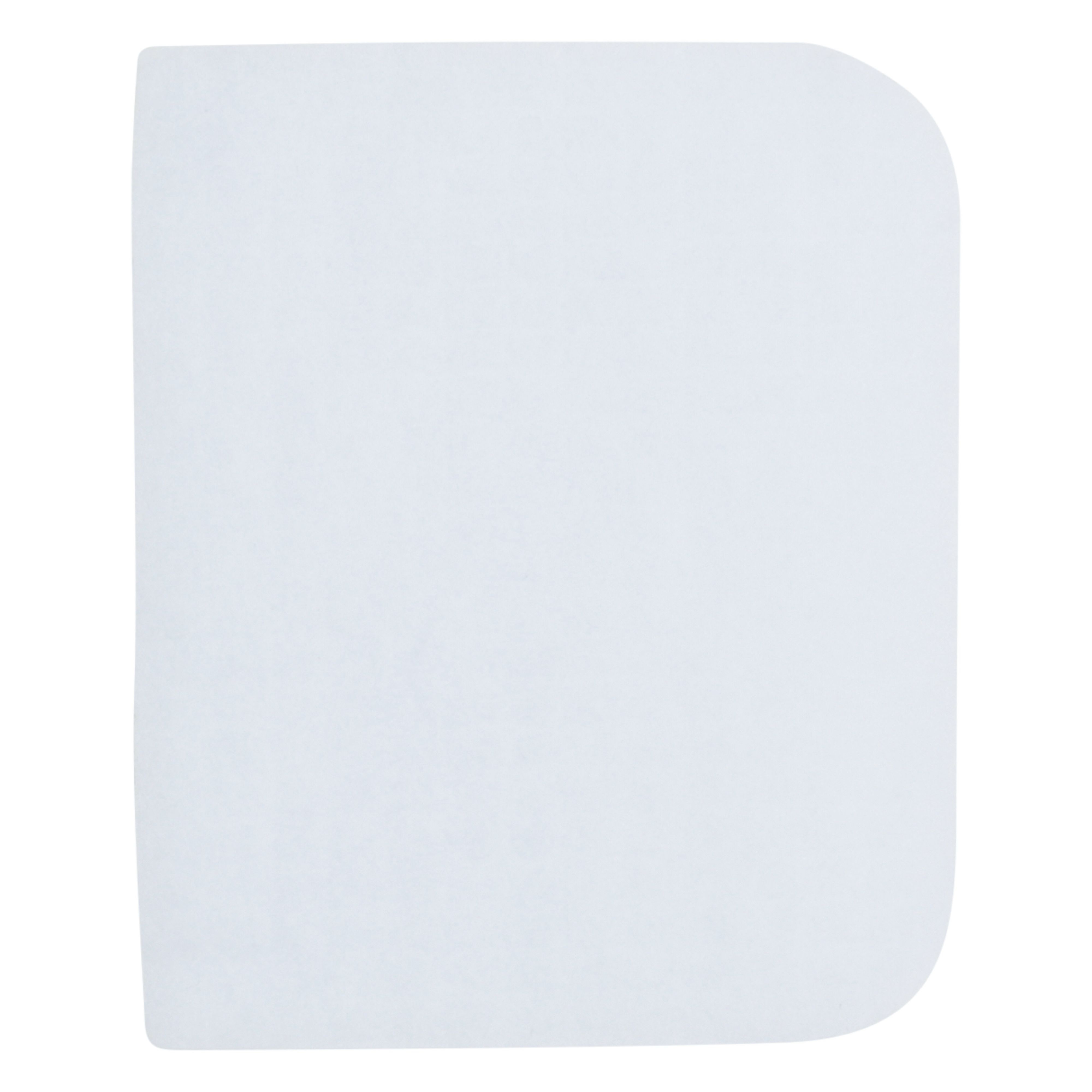 Biała, zaokrąglona prostokątna kartka papieru. Jest czysta i ma zaokrąglone rogi.