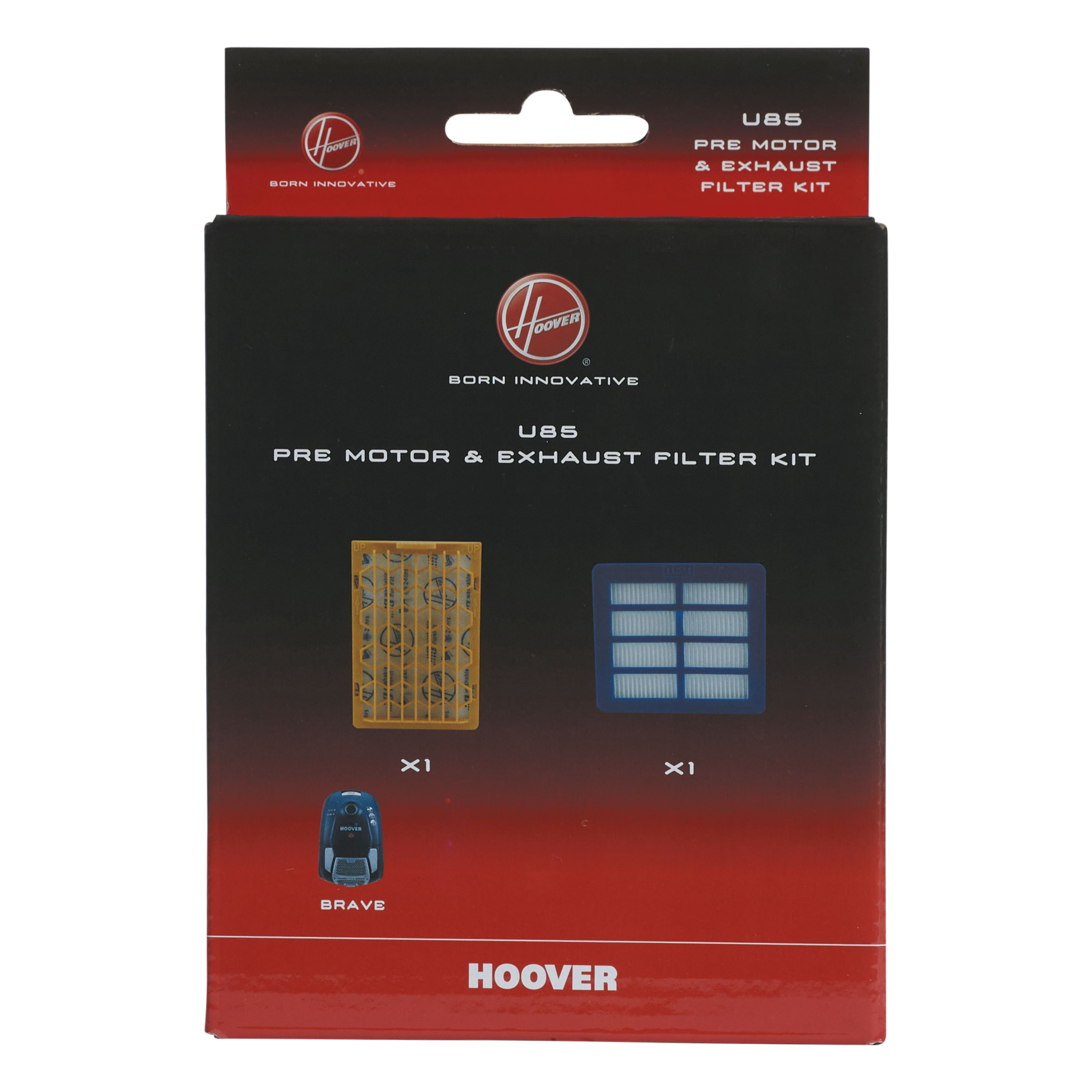 Pudełko zestawu filtrów silnika i wydechu Hoover U85. Zawiera filtry i obrazek mini odkurzacza.