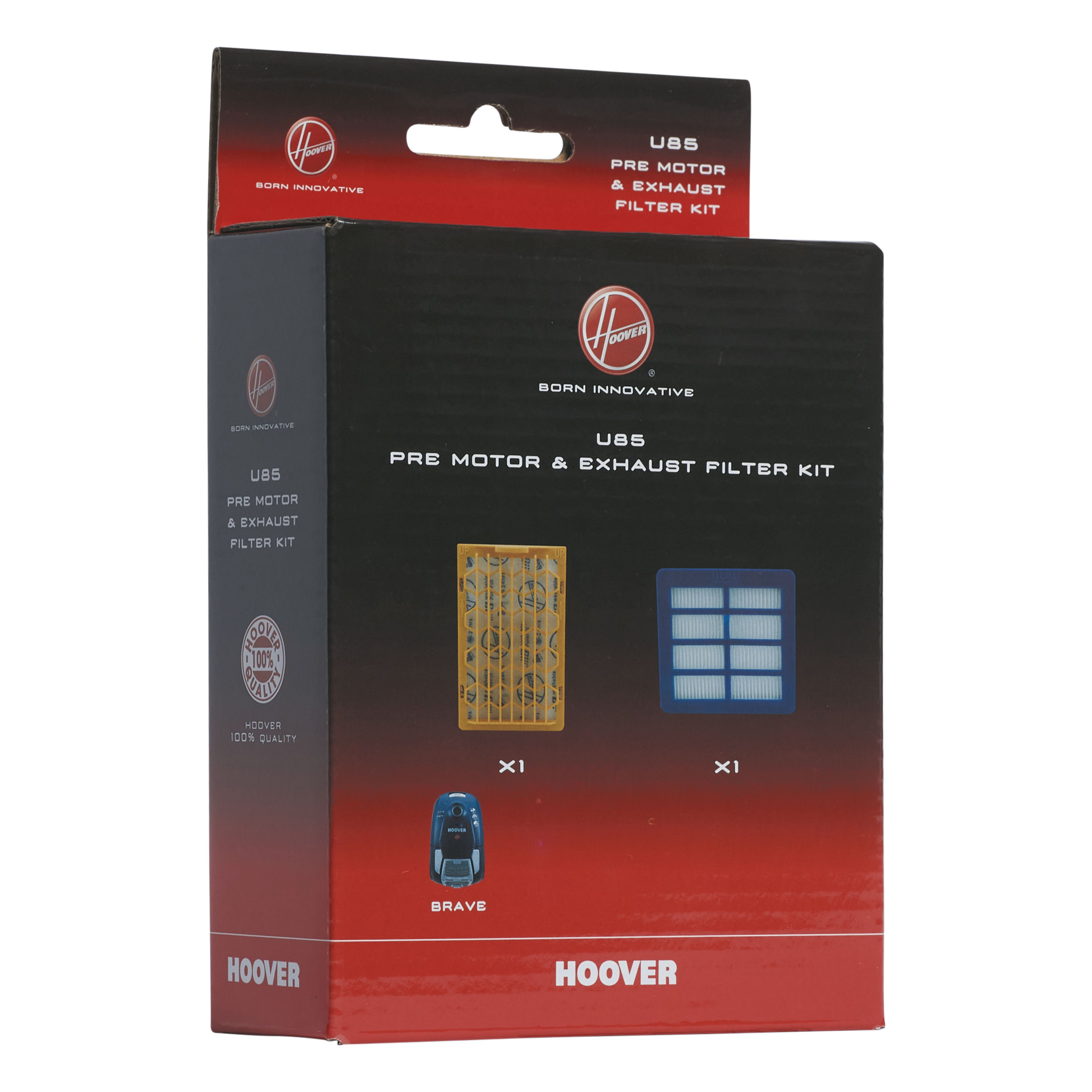 Pudełko z filtrami Hoover. Tekst na pudełku: U85 Zestaw filtra wstępnego silnika i wylotu.