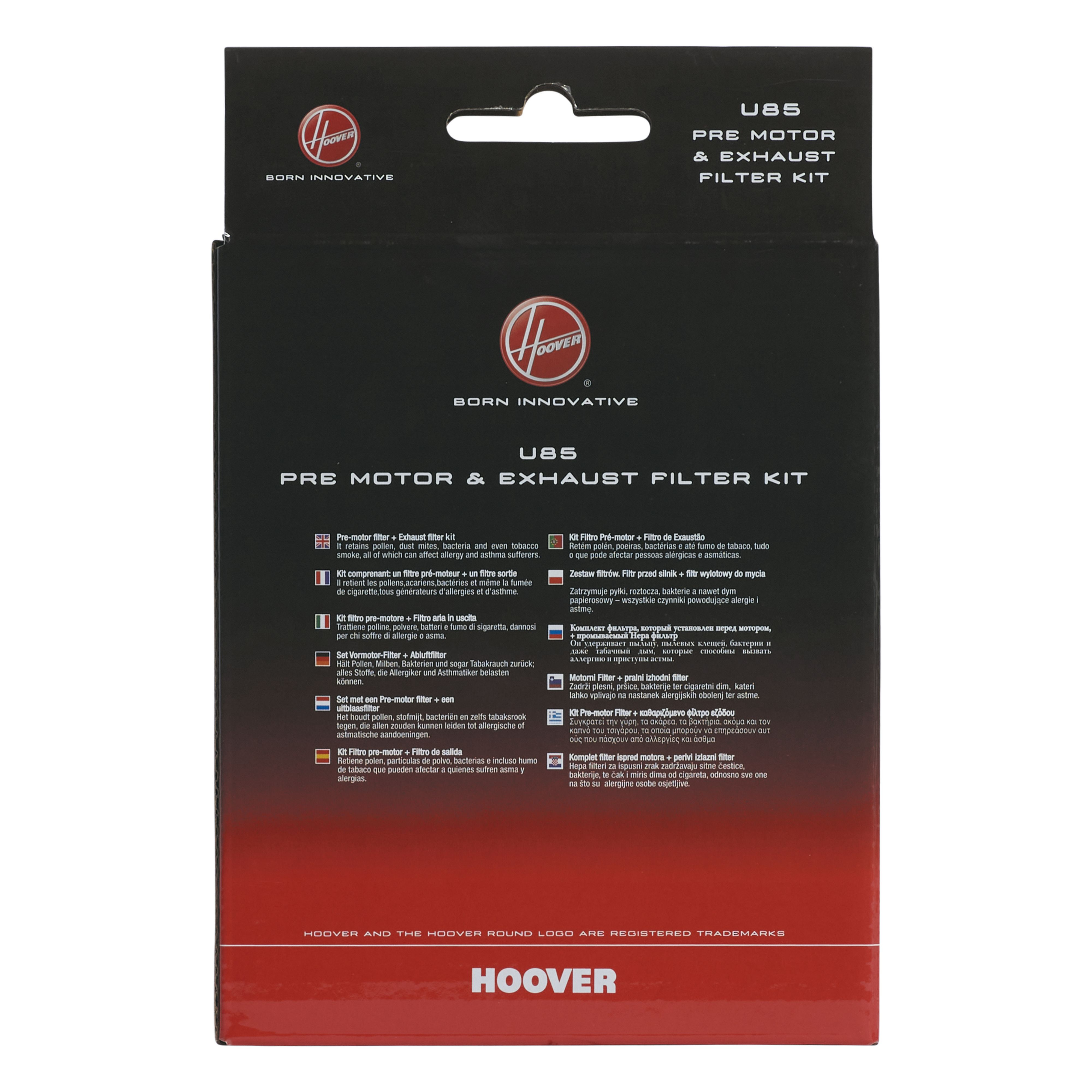 Pudełko zestawu filtrów silnika i wydechu Hoover U85 z tekstem i schematami filtrów.