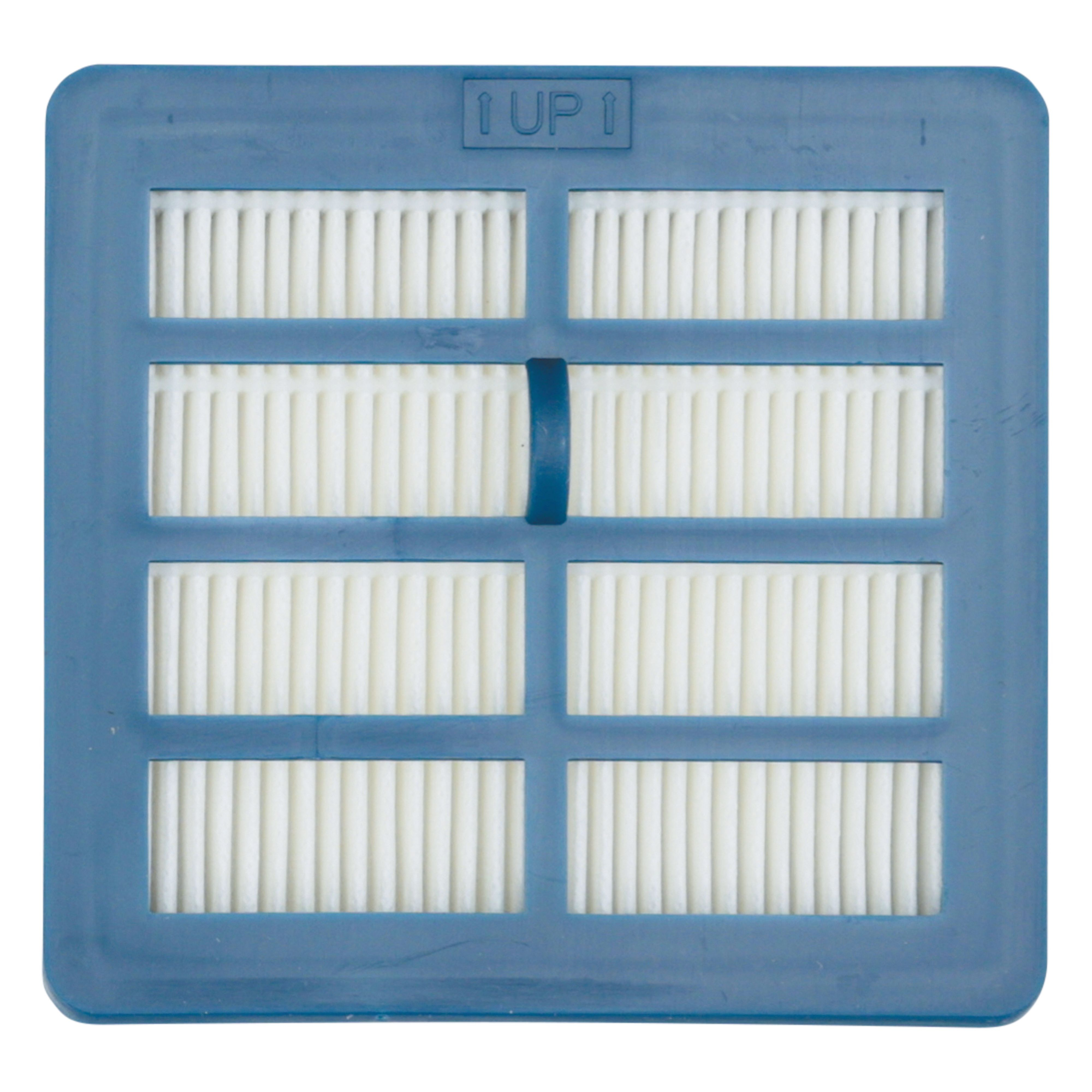 Niebieski filtr do odkurzacza z białym materiałem filtracyjnym i niebieską ramką. Na górze strzałka DO GÓRY.