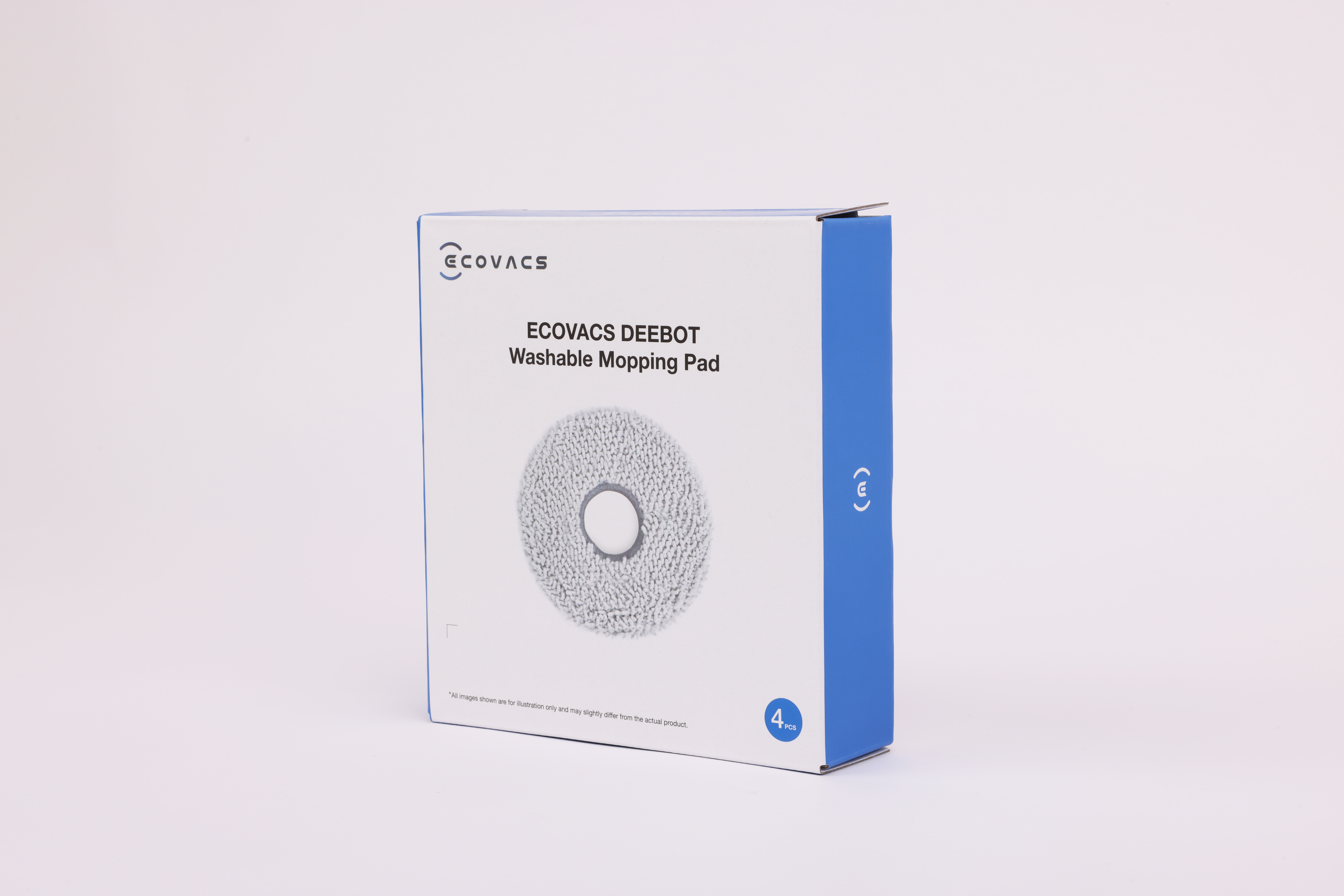 Pudełko z zmywalną nakładką do mopowania Ecovacs. Pudełko jest biało-niebieskie.