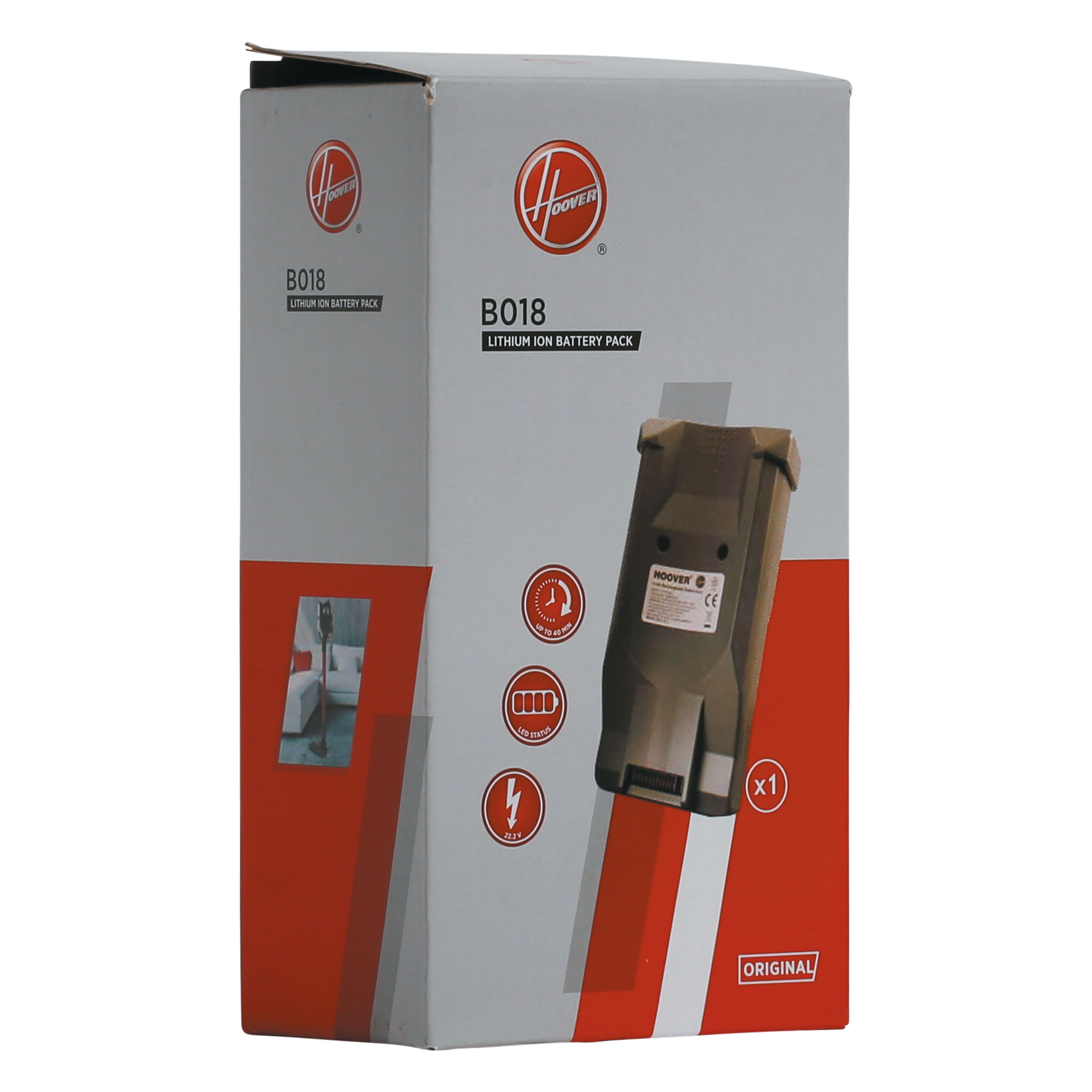 Pudełko z akumulatorem Hoover. Tekst na pudełku: B018 Akumulator litowo-jonowy.