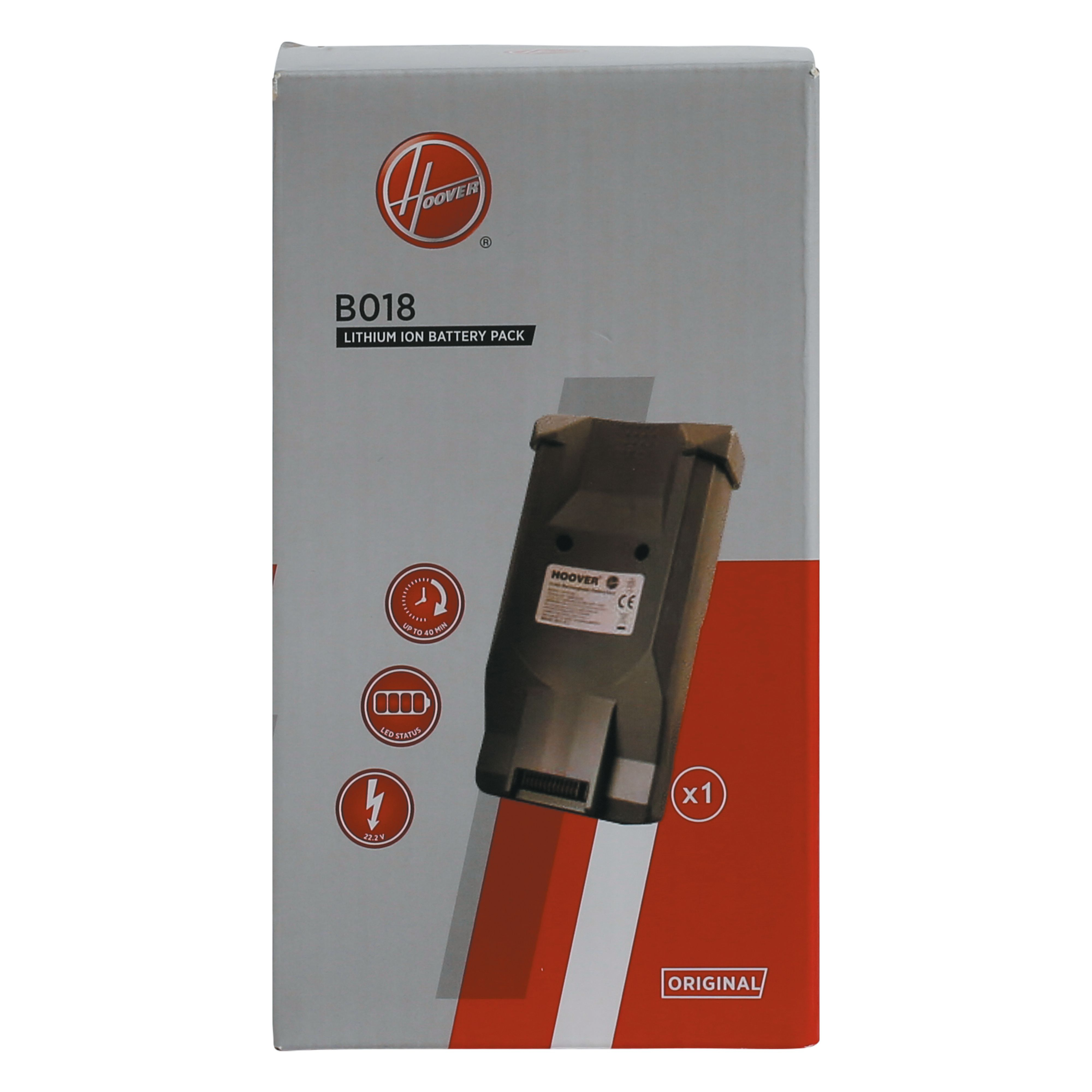 Pudełko z akumulatorem Hoover. Tekst na pudełku: B018 Akumulator litowo-jonowy.