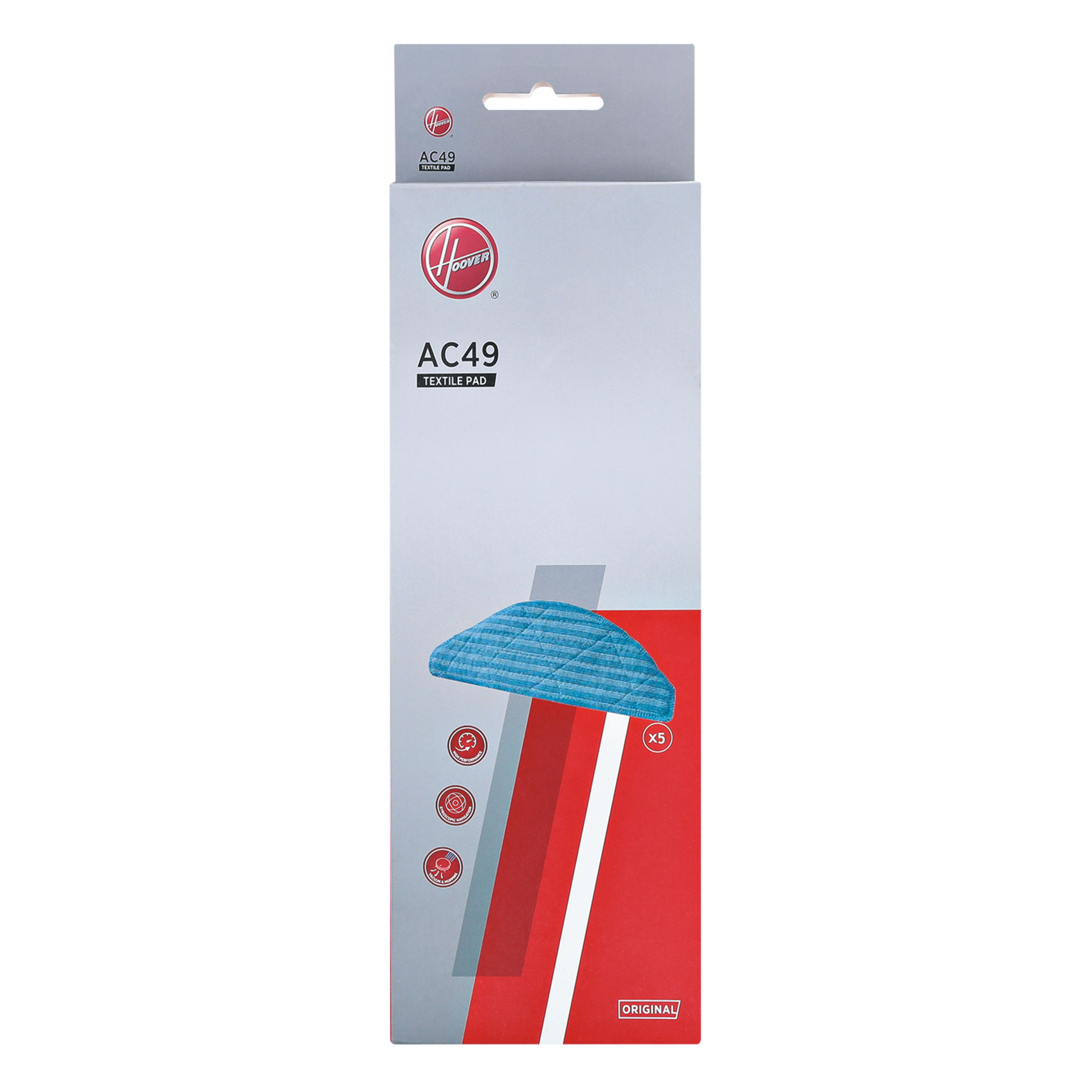 Hoover AC49 Textilpad-Box mit blauer Pad-Grafik. Rote und weiße Box.