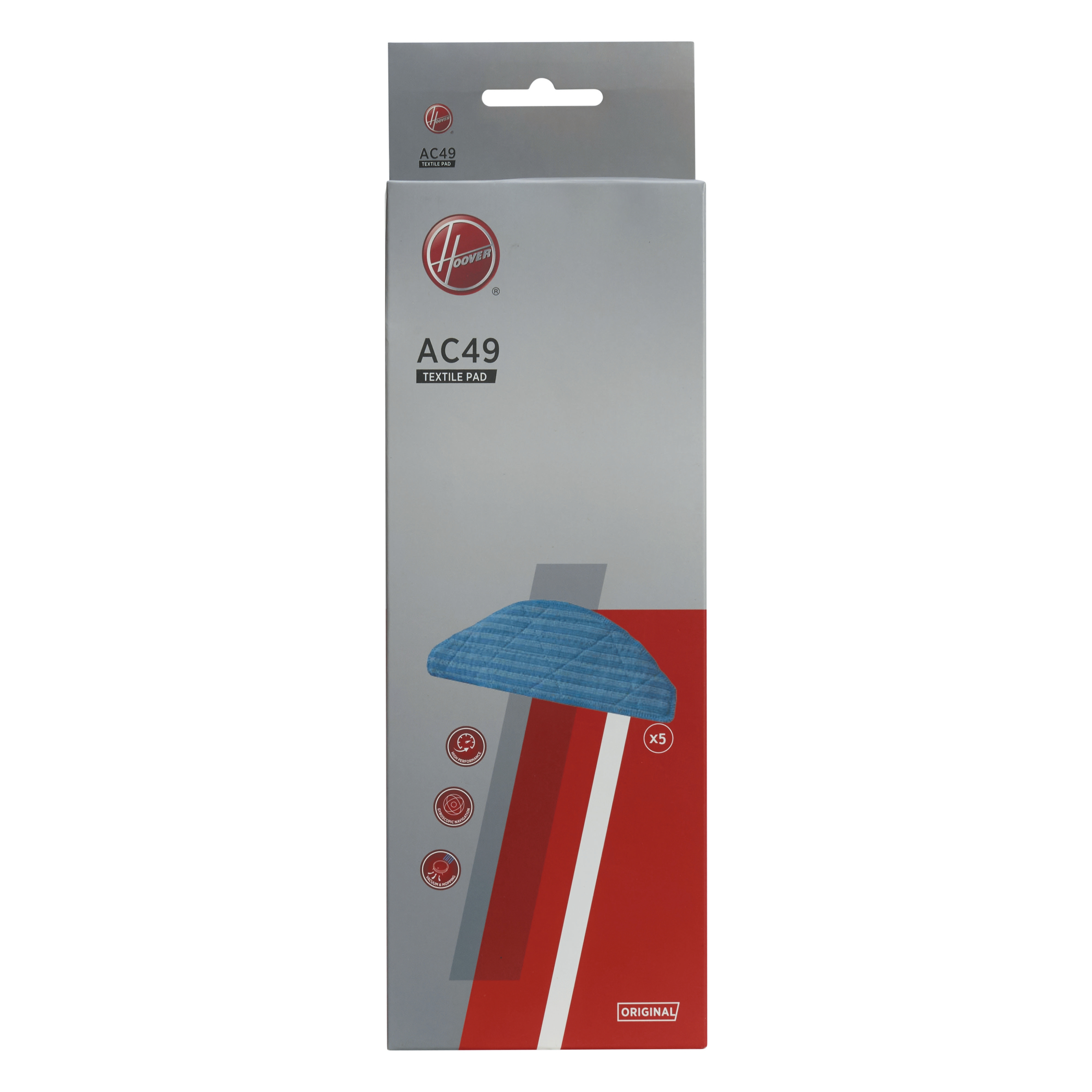 Hoover AC49 Textilpad-Box. Ein blaues, dreieckiges Pad ist auf der Box sichtbar.
