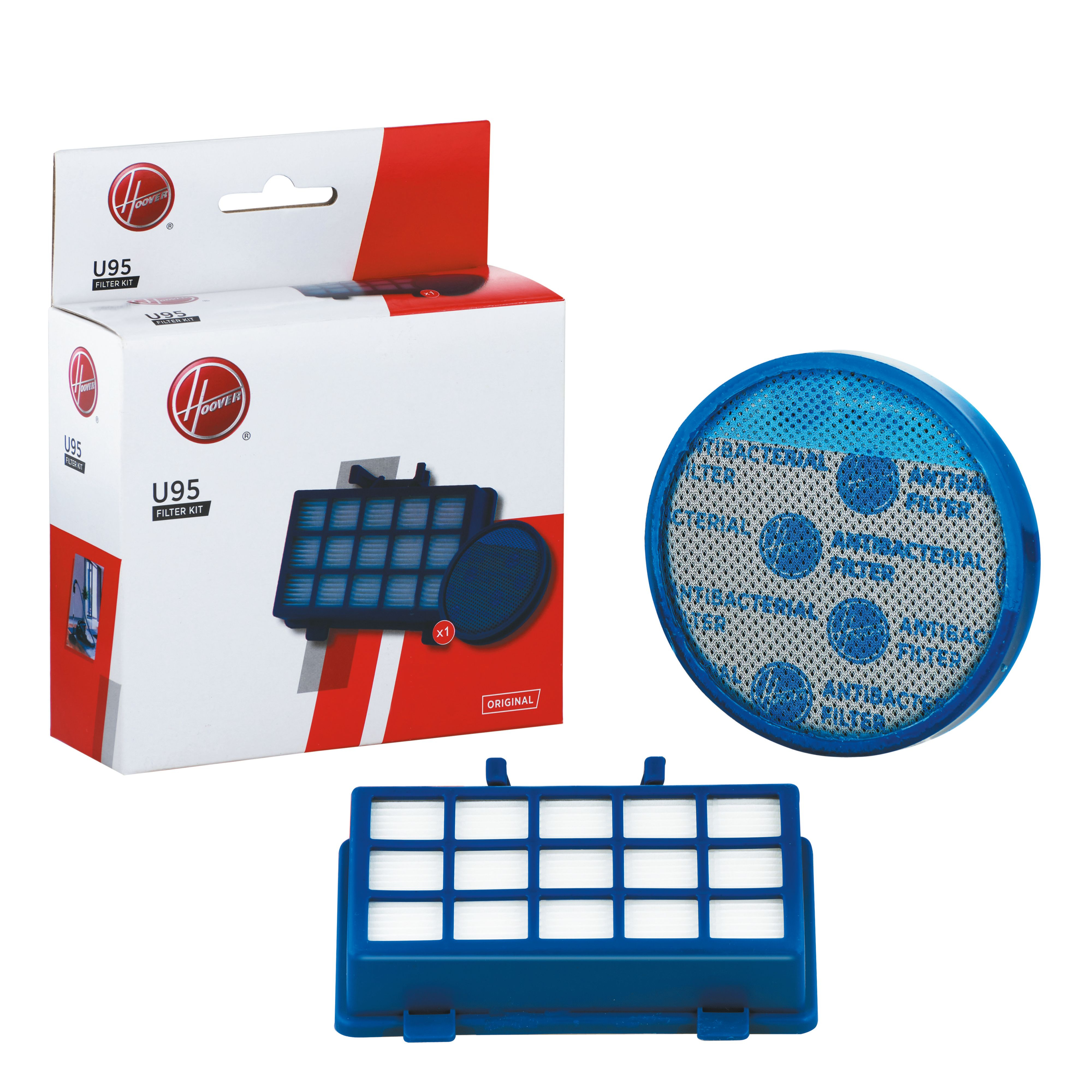 Hoover U95 Filterkit-Box mit Filterbildern. Weiße und rote Box mit blauem Filter.
