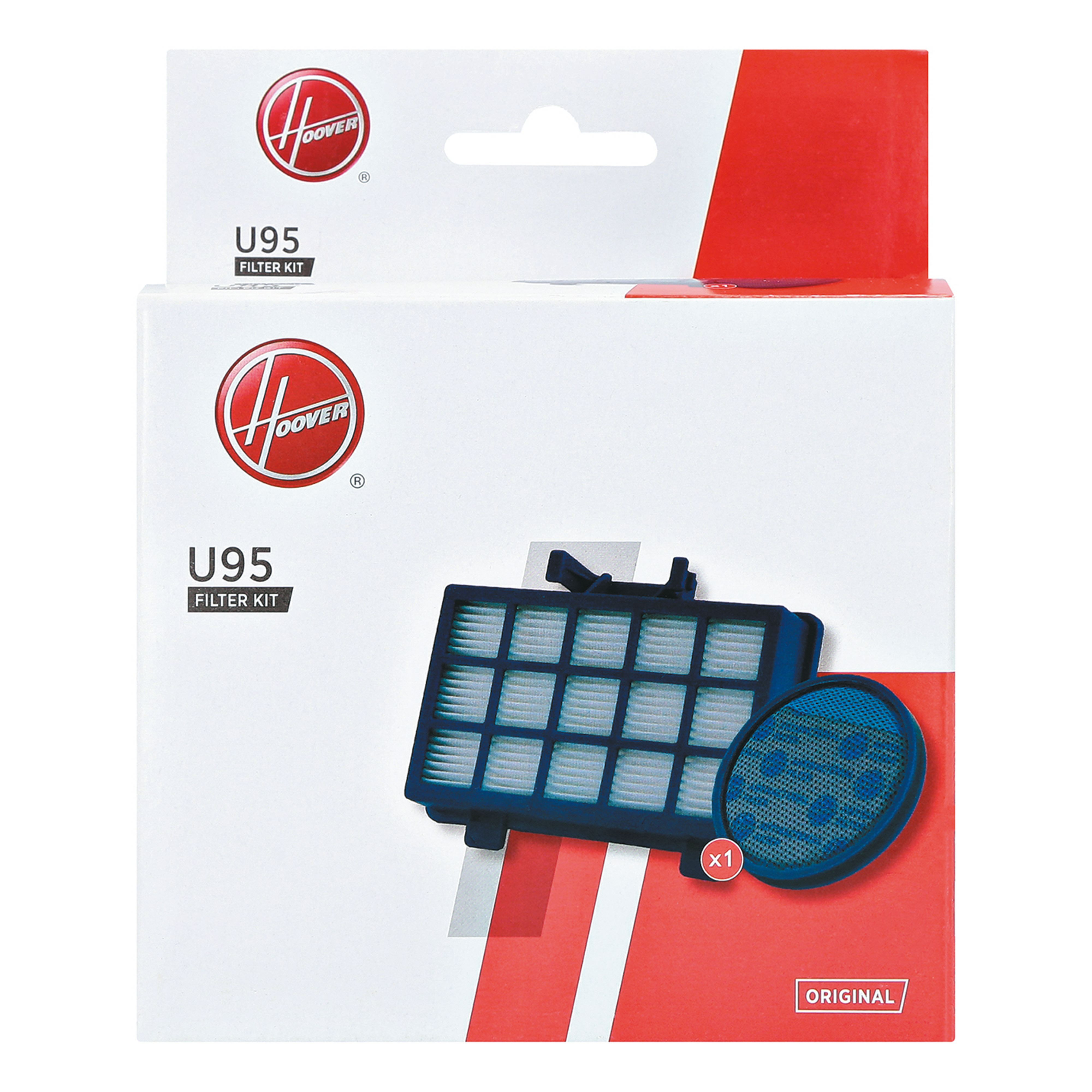 Hoover U95 Filter-Kit-Box. Ein blauer Filter und ein runder blauer Filter werden angezeigt.
