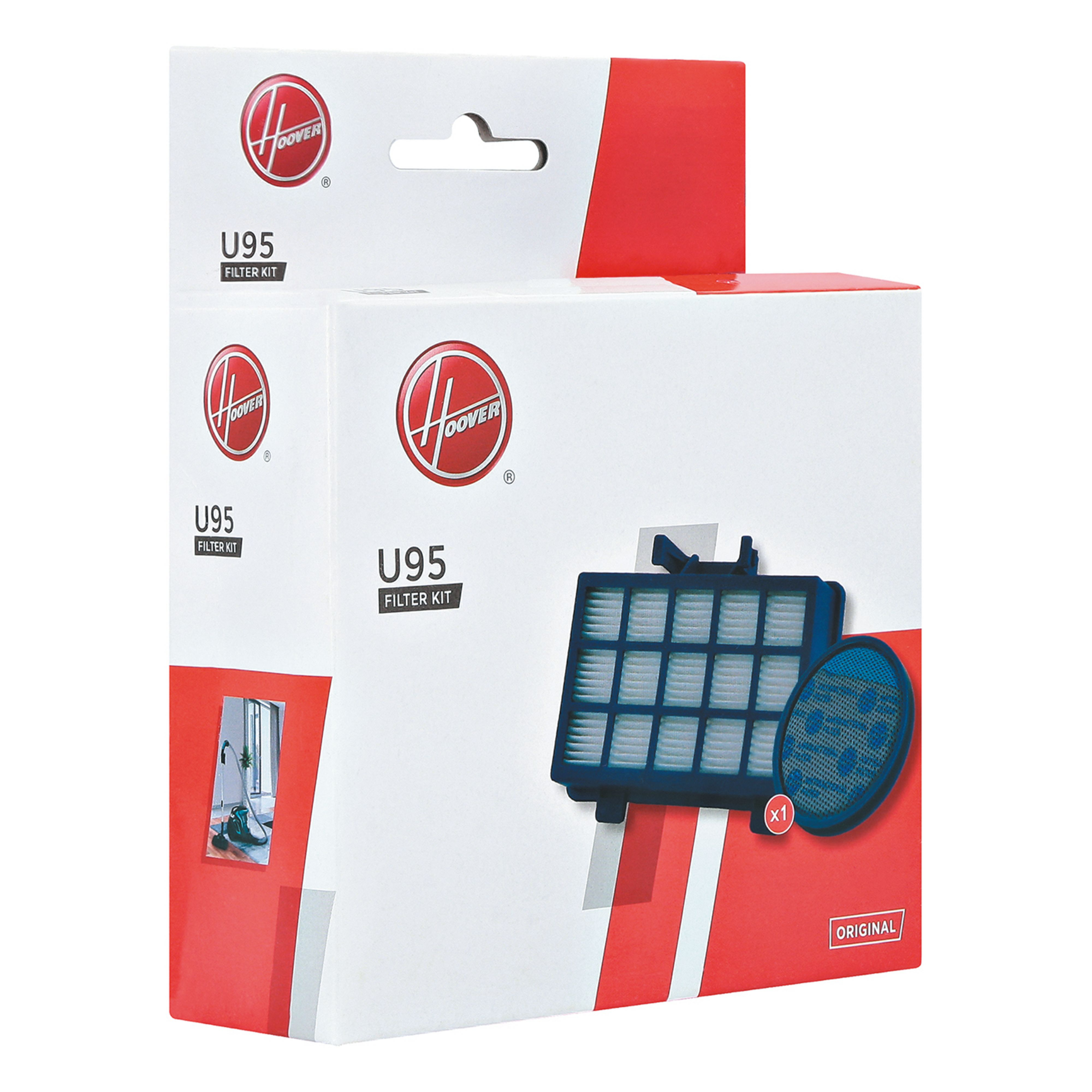 Hoover U95 Filterkit-Box. Weiße und rote Box mit Filterbildern. Blauer Filter sichtbar.