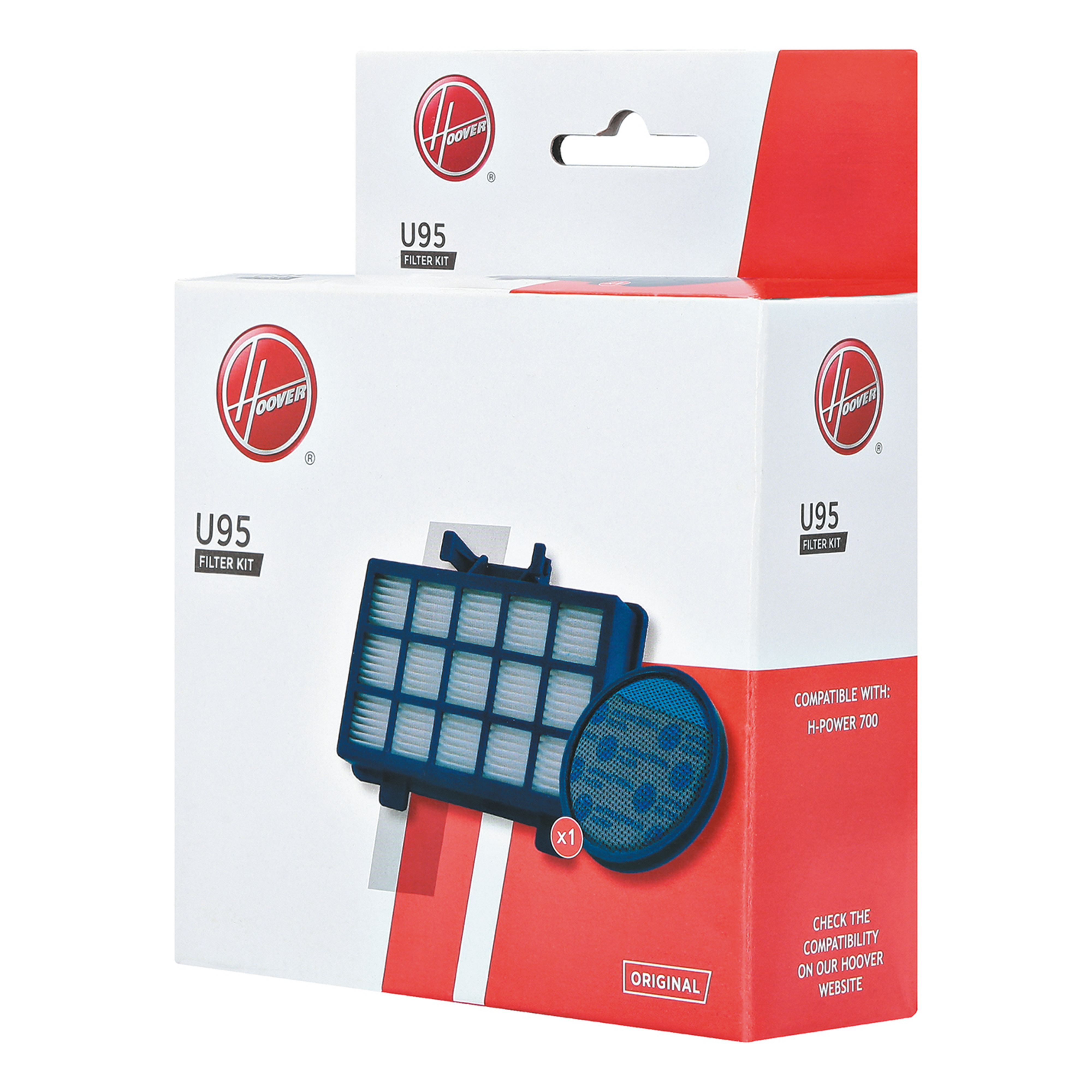 Hoover U95 Filterkit-Box. Weiße und rote Box mit Filterbildern. Blauer Filter sichtbar.