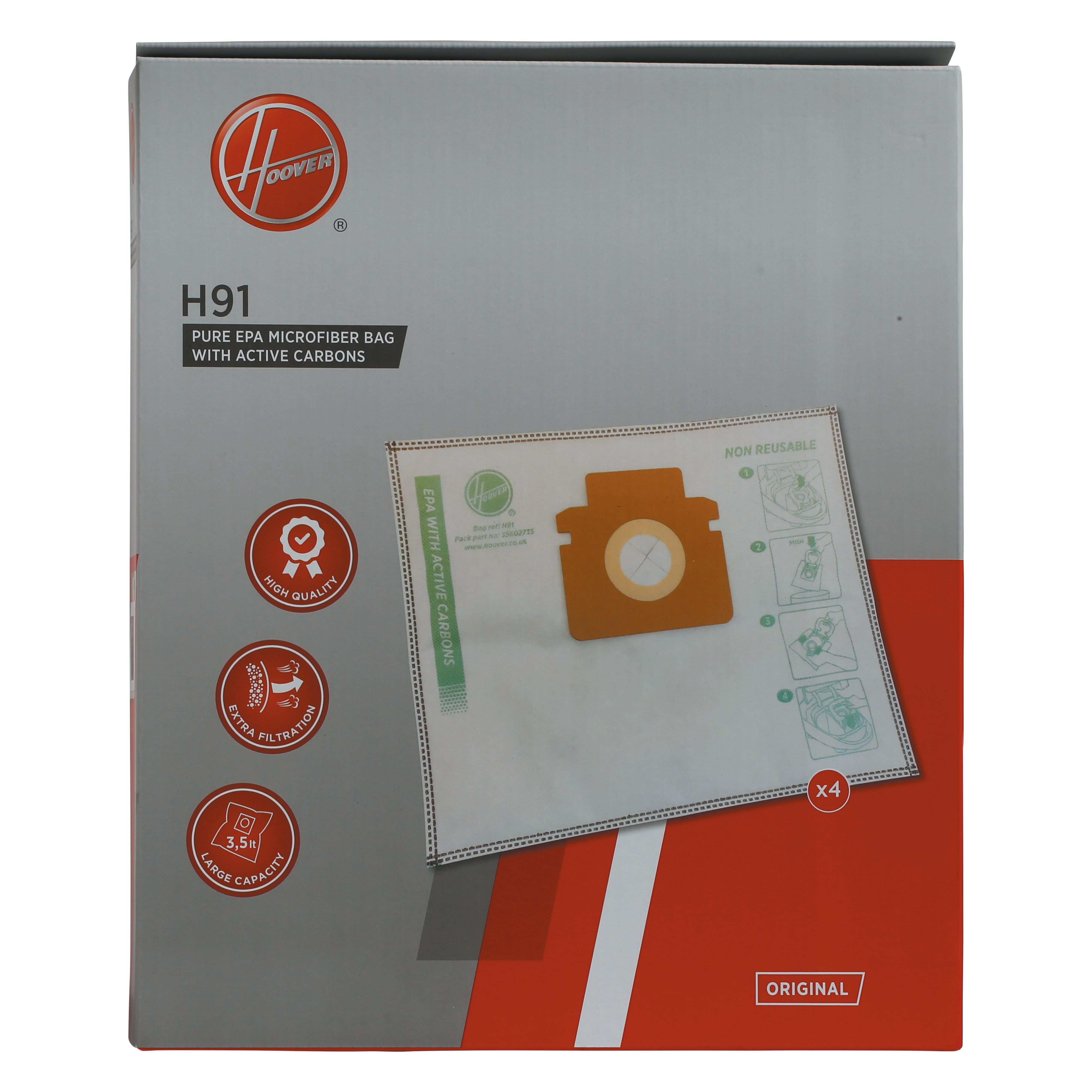 Pudełko z workami do odkurzacza. Ma biały worek z aktywnym węglem i kartonową wkładkę.