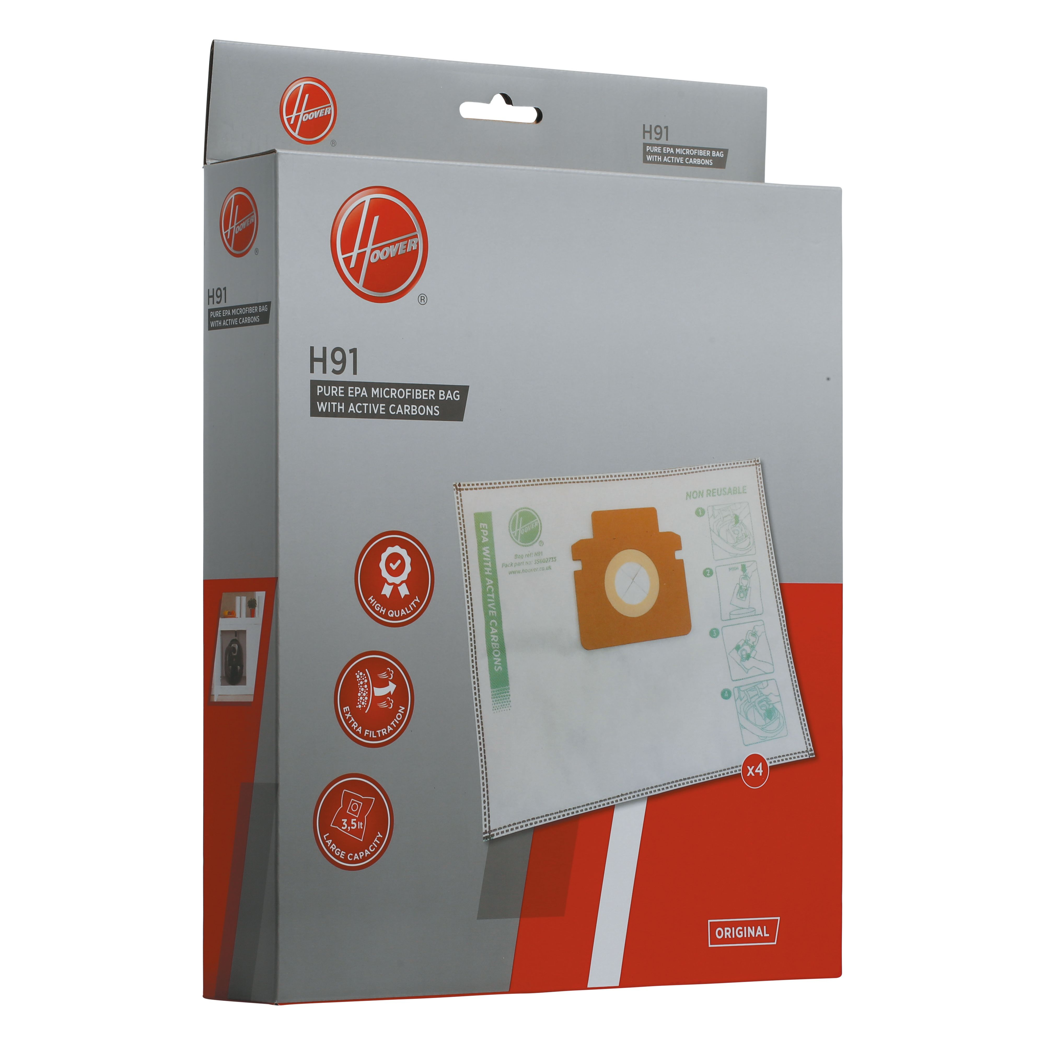 Pudełko z workami do odkurzacza. Ma biały worek z aktywnym węglem i kartonową wkładkę.