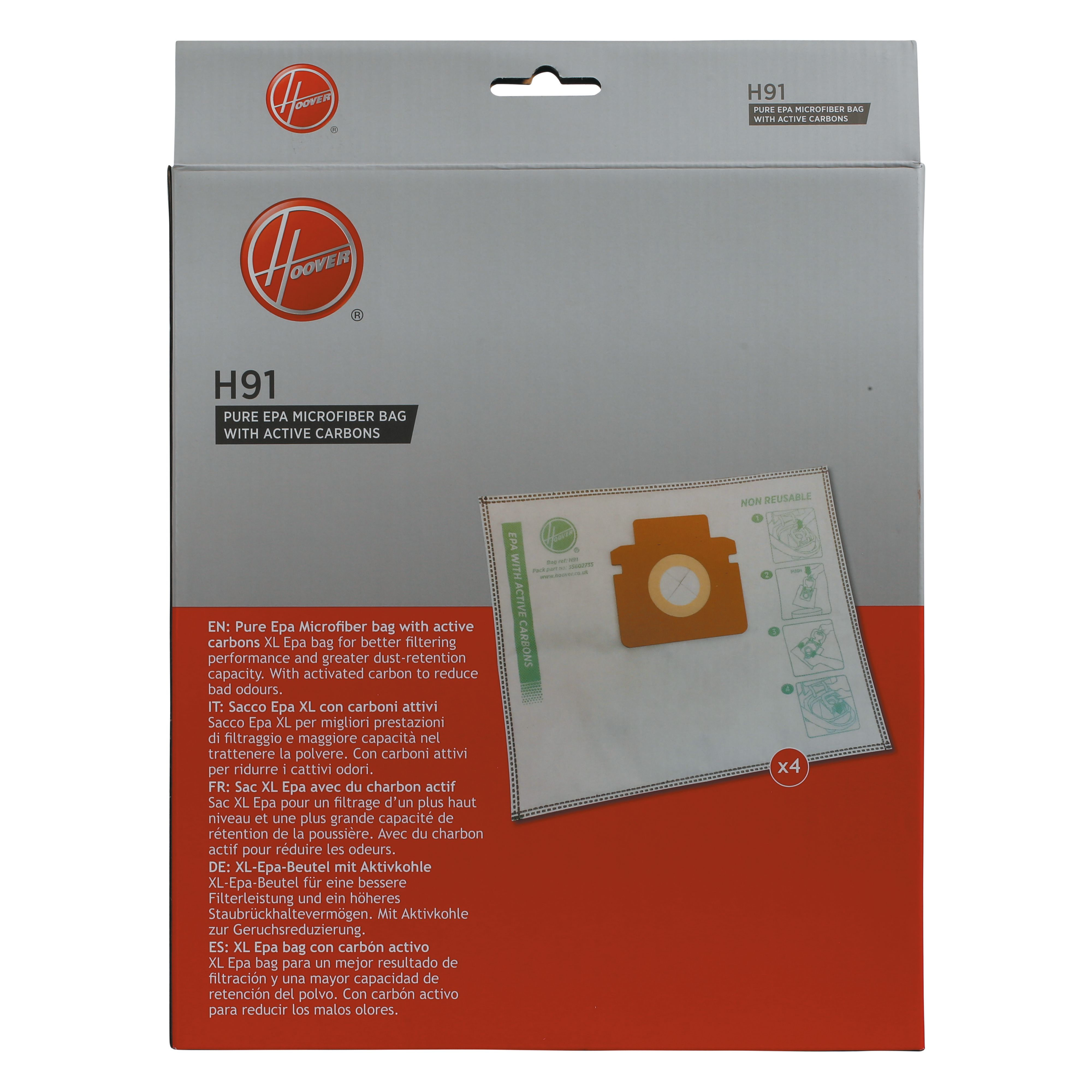 Pudełko z workiem z mikrofibry Hoover H91. Białe i czerwone pudełko z tekstem i obrazem worka.