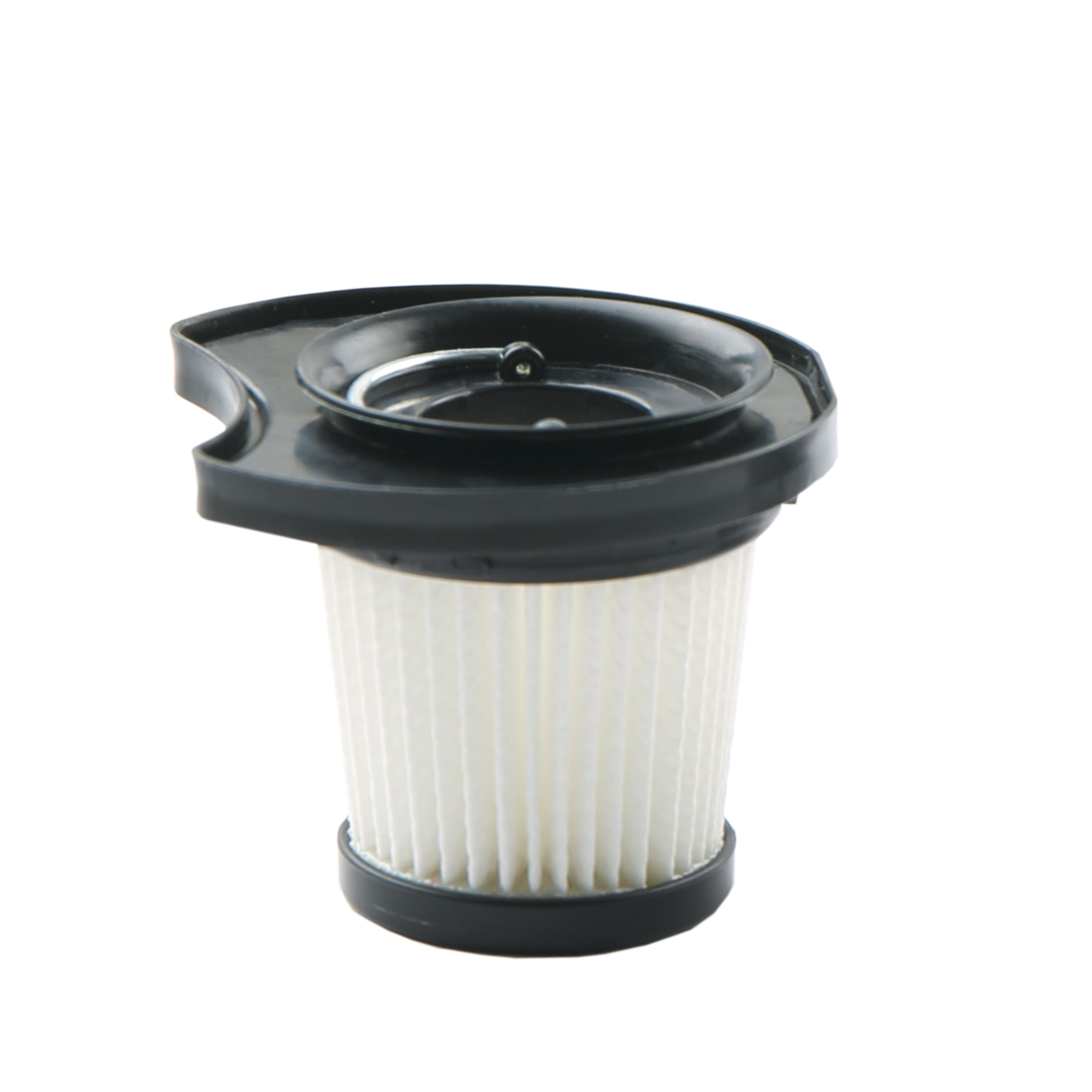 Mały filtr do odkurzacza. Ma czarną obręcz i biały, plisowany filtr w środku.