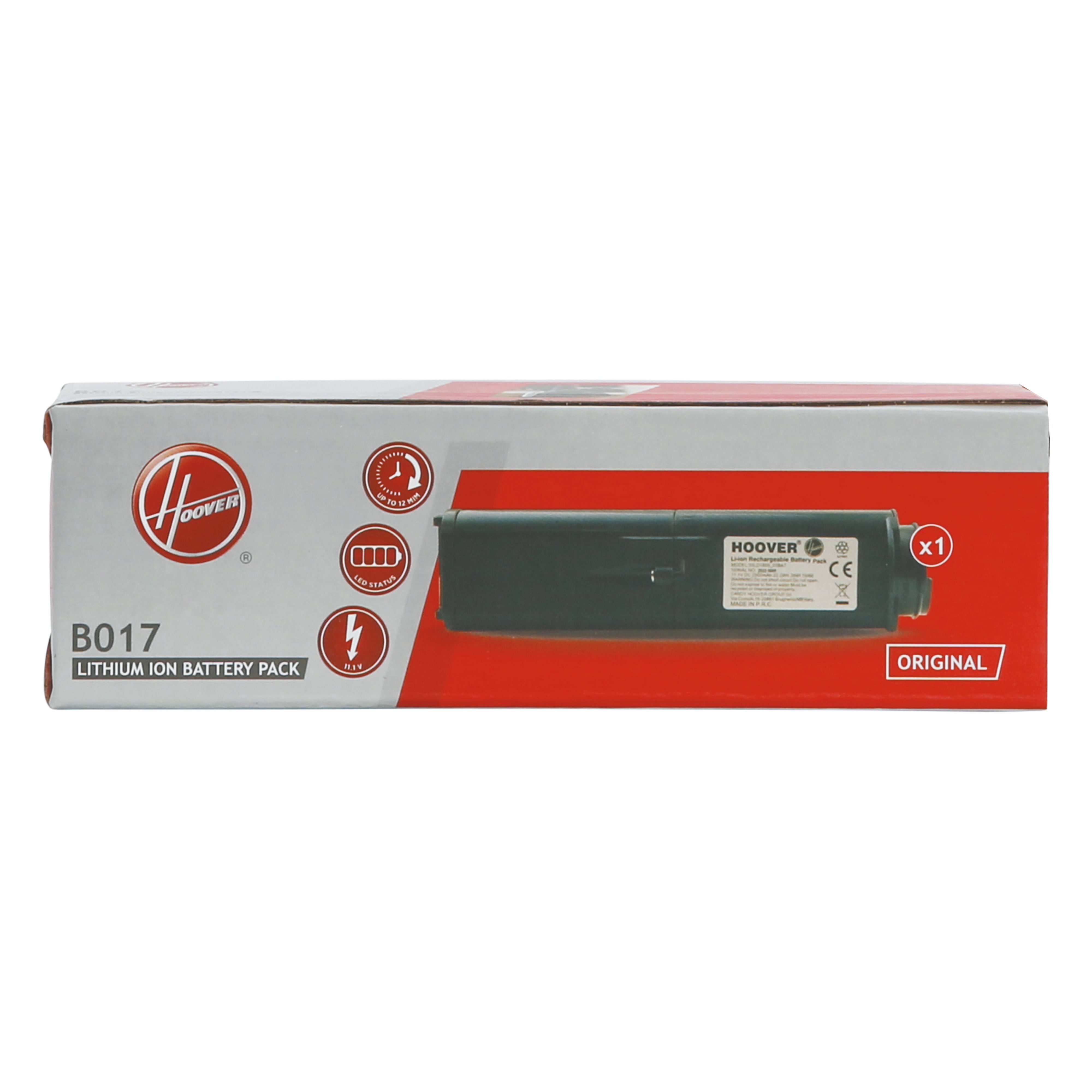 Una scatola bianca con marchio Hoover, un'illustrazione del pacco batteria e dettagli del prodotto. È un pacco batteria B017.