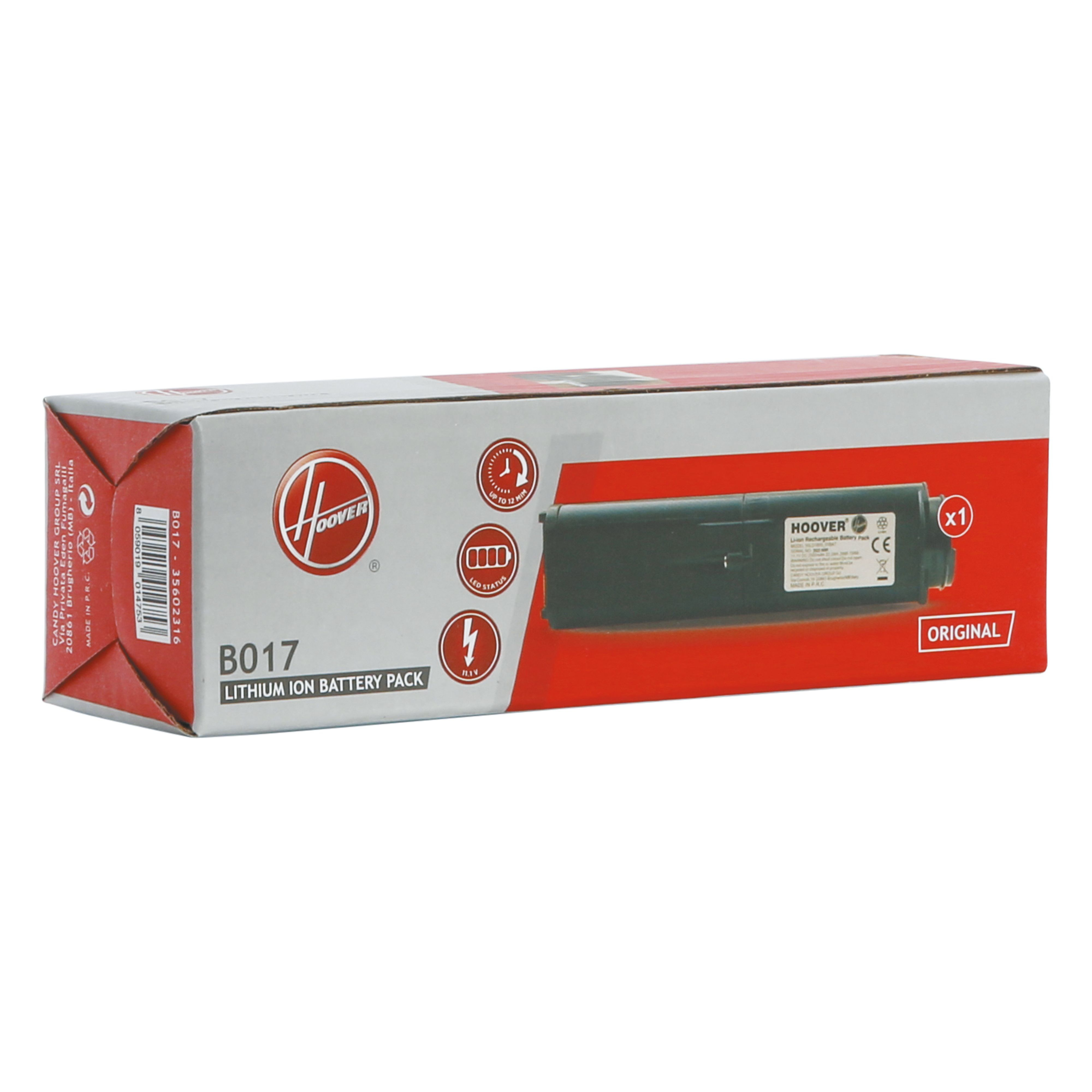 Una scatola di batterie Hoover. È grigia e rossa con il logo Hoover e i dettagli del prodotto.