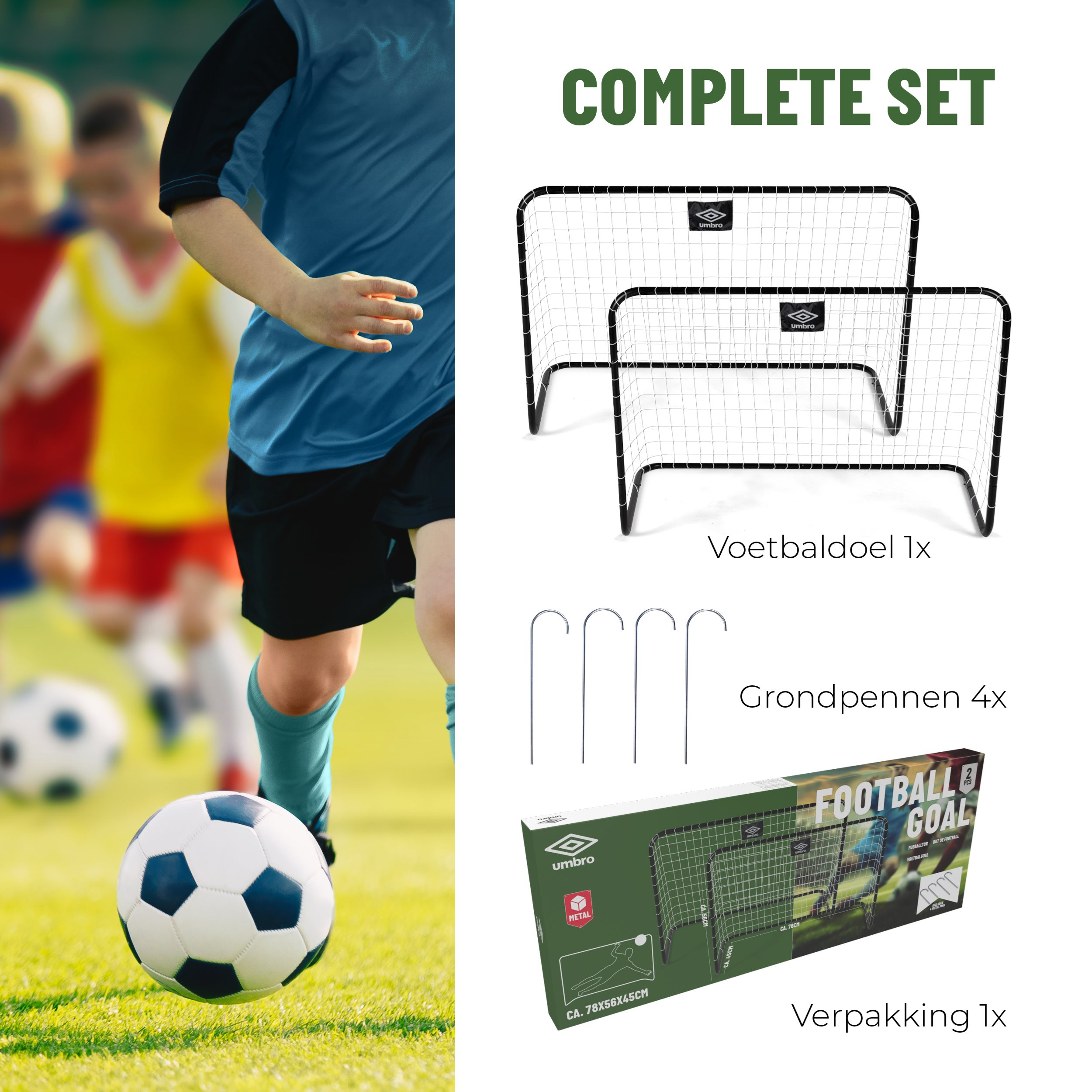 Ein komplettes Set von Fußballtoren mit Zubehör und einer Box. Kinder spielen im Hintergrund Fußball.