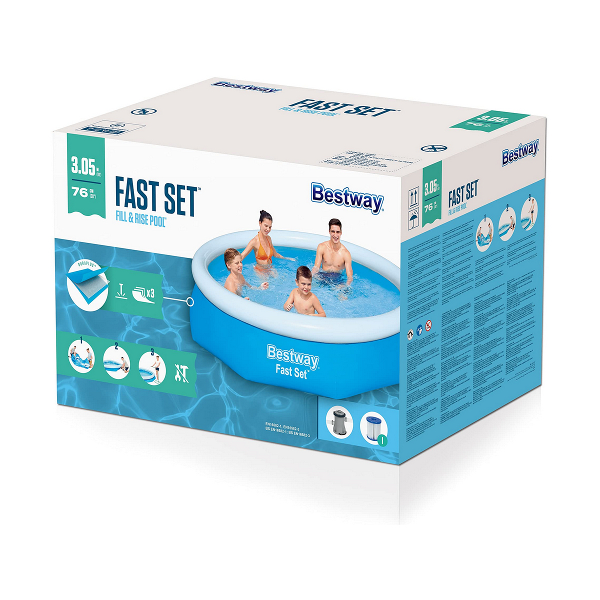 A box shows a family in a blue inflatable pool. The box says 'Fast Set' and 'Bestway'.