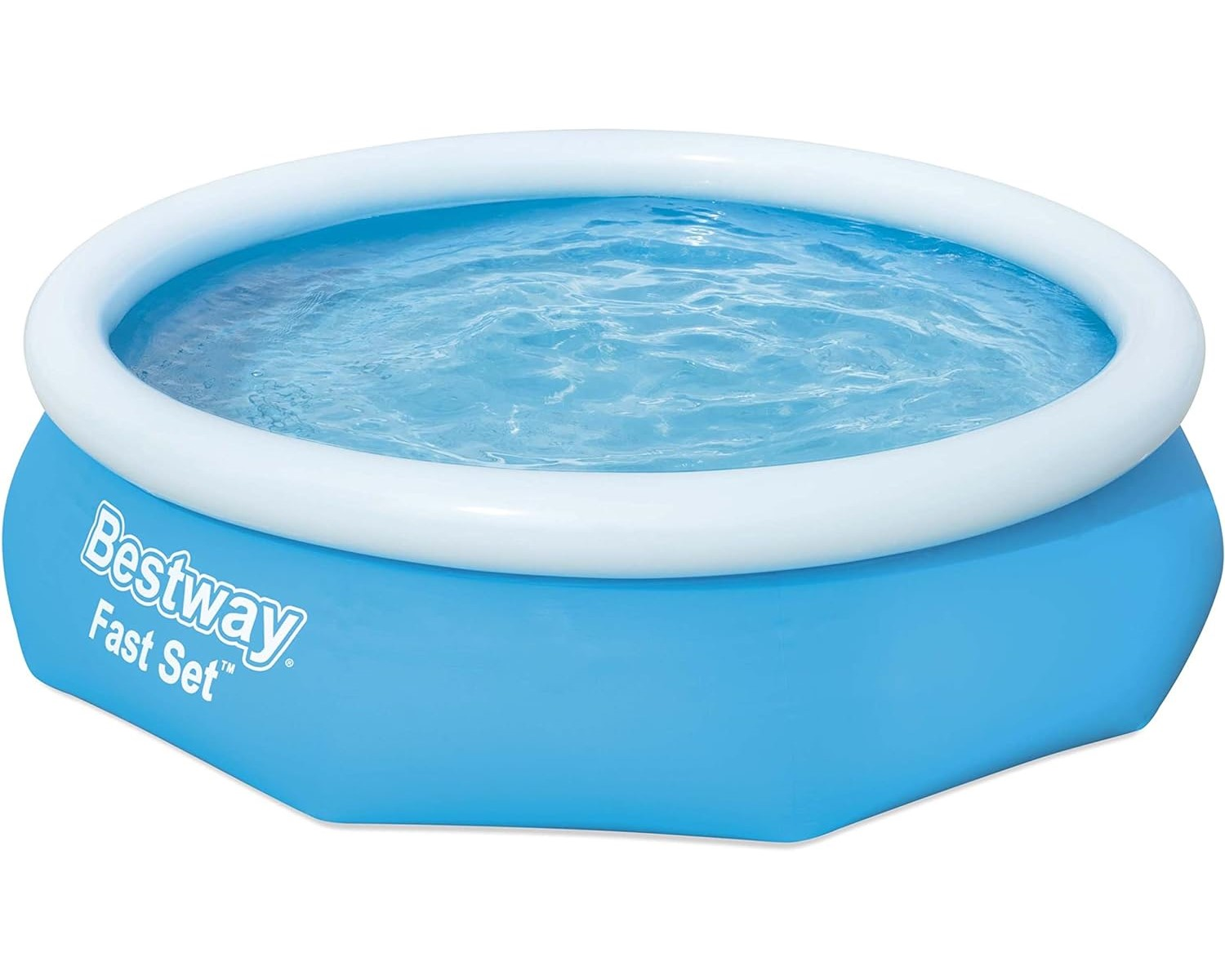 A Bestway Fast Set pool is full of people. There is a white pump connected to the side.