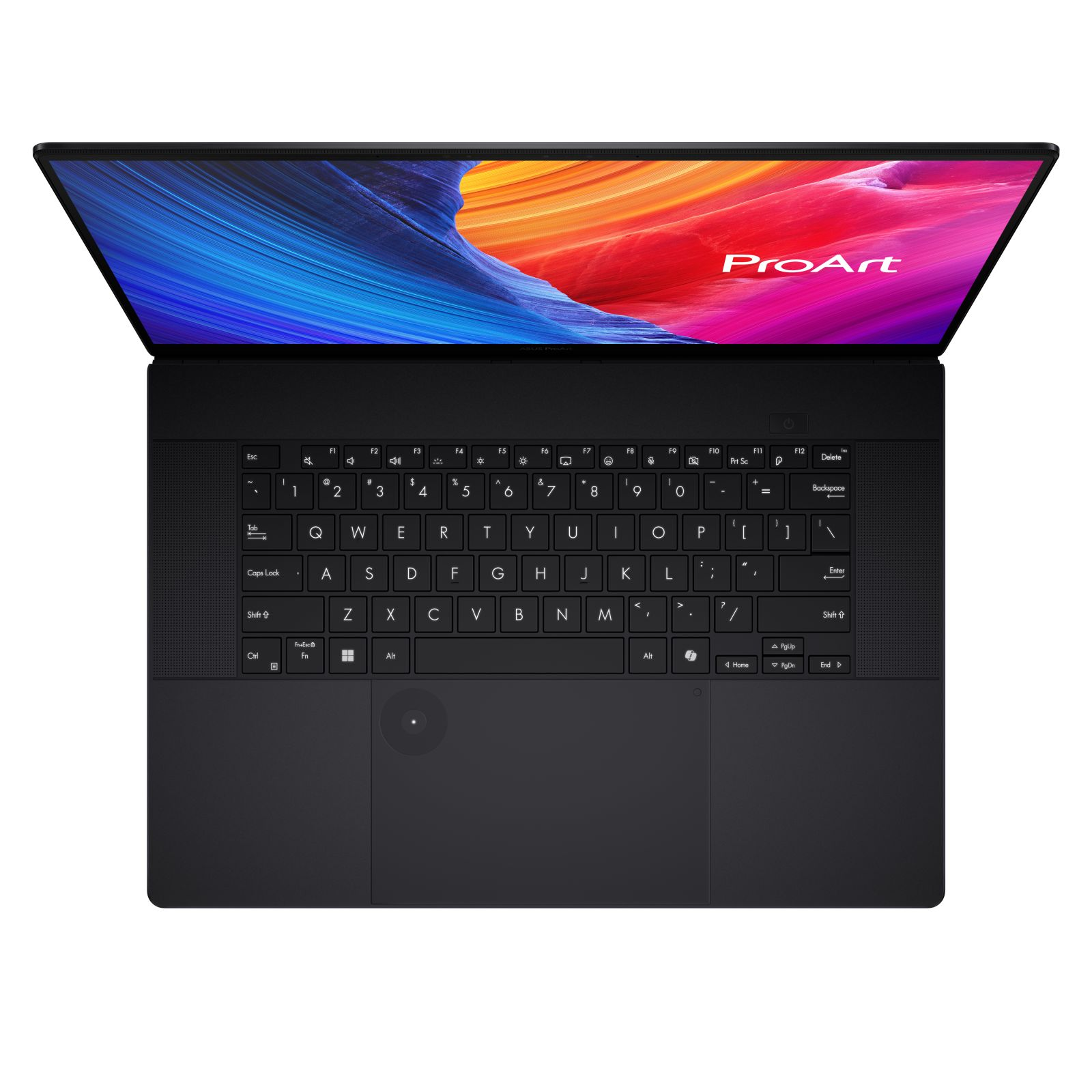 Ansicht der schwarzen Laptop-Tastatur. Hat Tasten, Touchpad und einen Bildschirm mit 'ProArt'. Saubere Draufsicht.