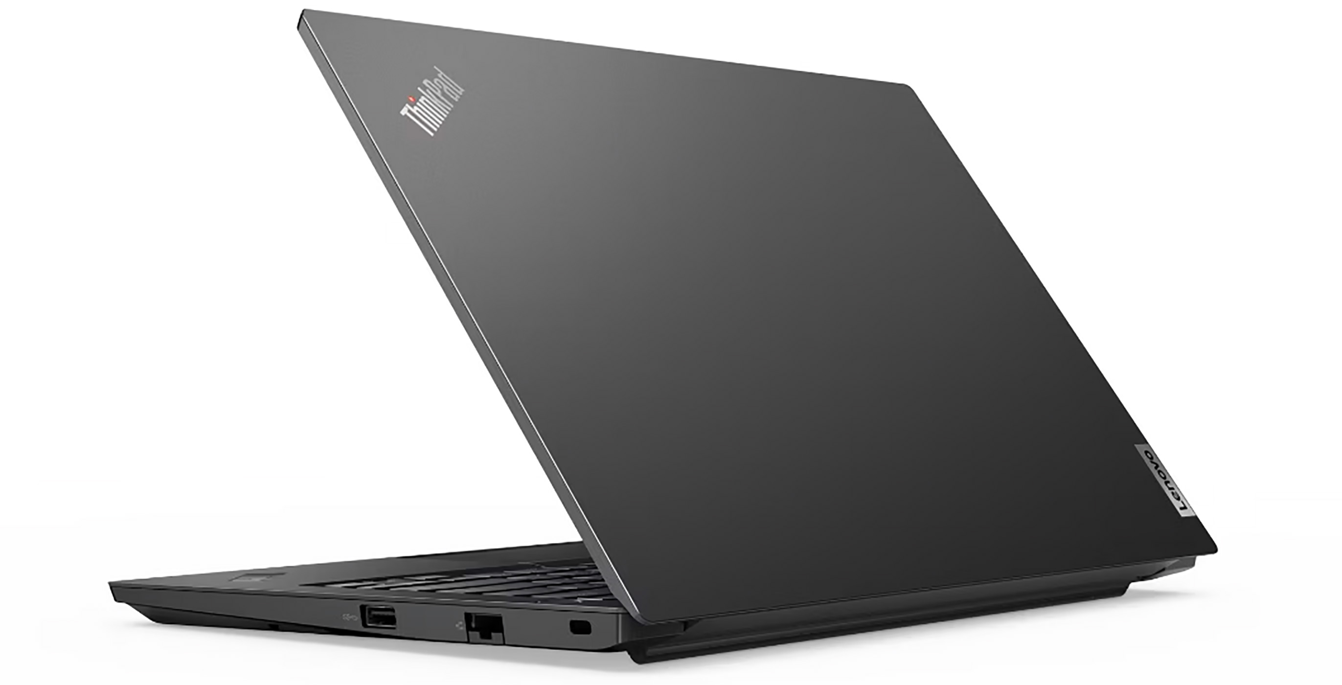 Black laptop with the lid slightly open. Shows the keyboard and the ThinkPad logo. The background is white.