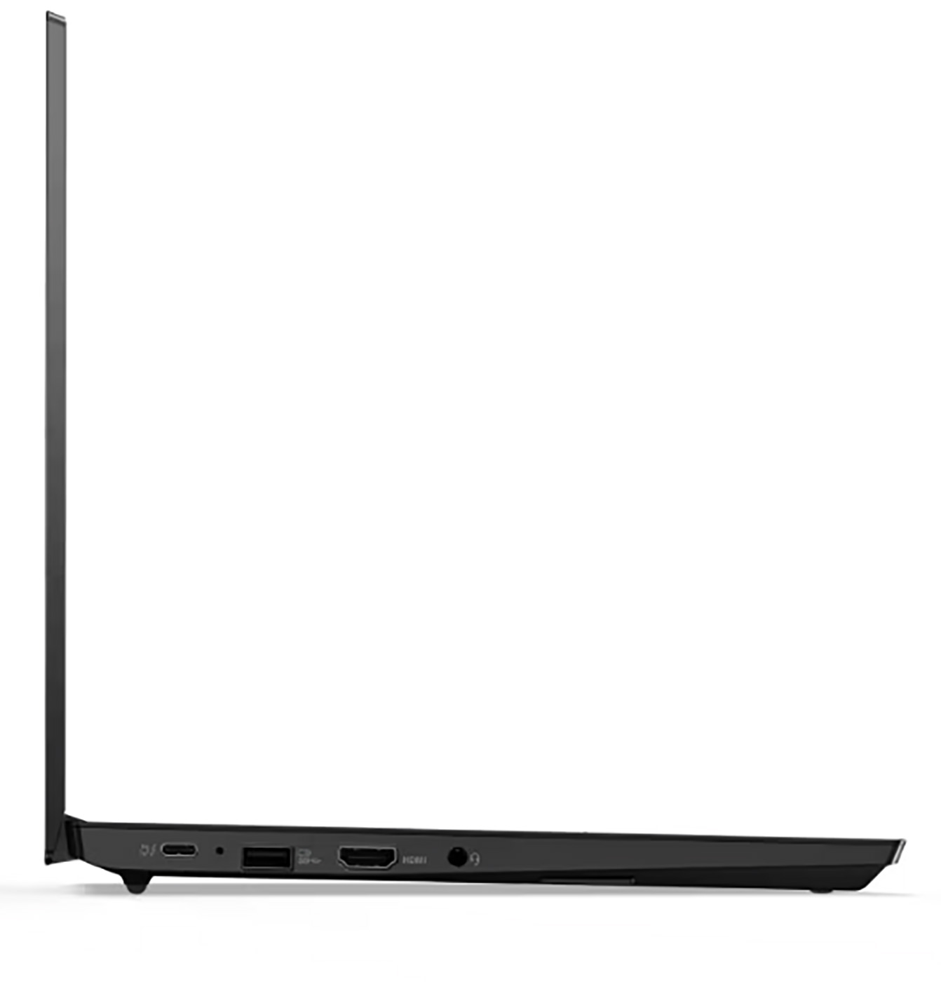 Side view of a black laptop. Shows ports and a closed lid. The background is a white surface.