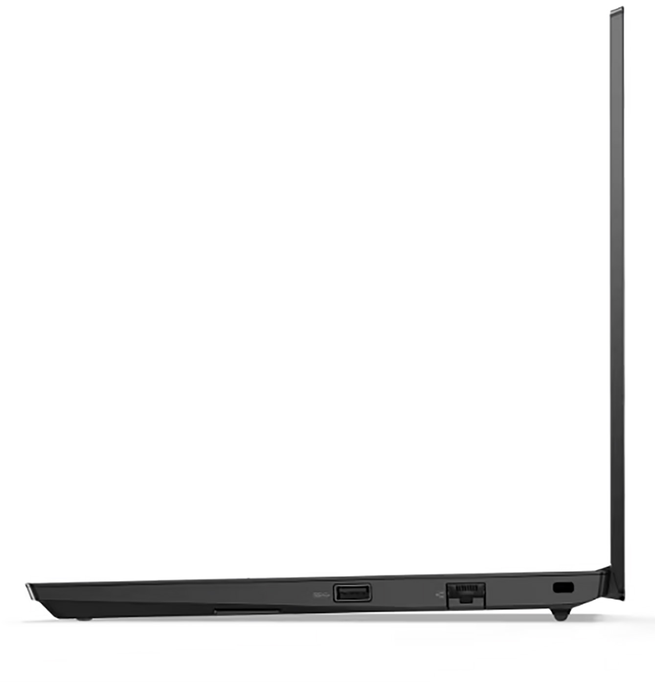 Black laptop side view. Shows ports and a closed lid. Clean background with a white surface.