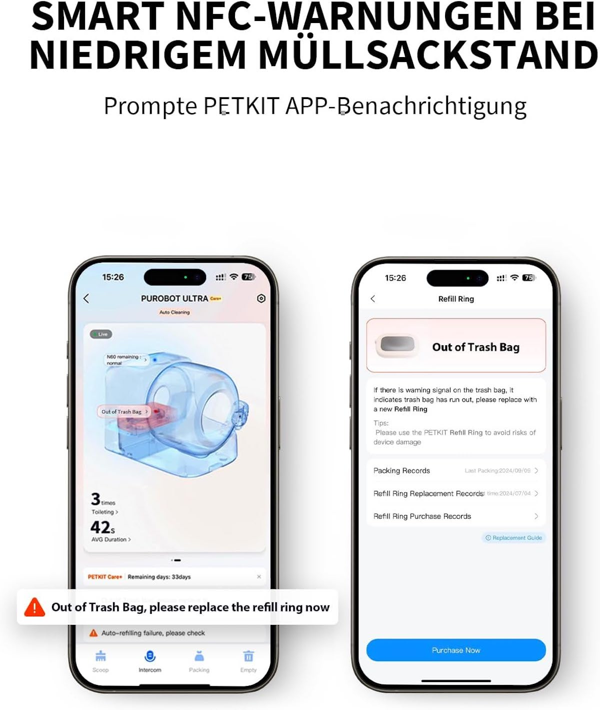 Dwa ekrany smartfonów wyświetlające interfejs aplikacji z ikoną worka na śmieci i tekstem. Ostrzeżenia.