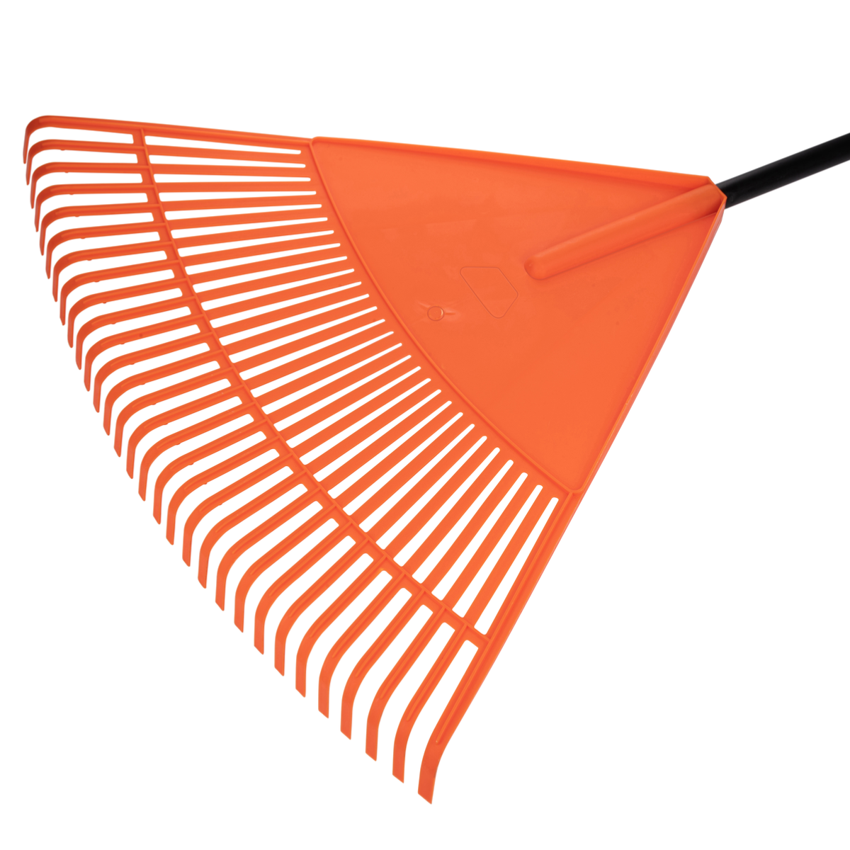 An orange leaf rake. It is on a white background. Black handle.