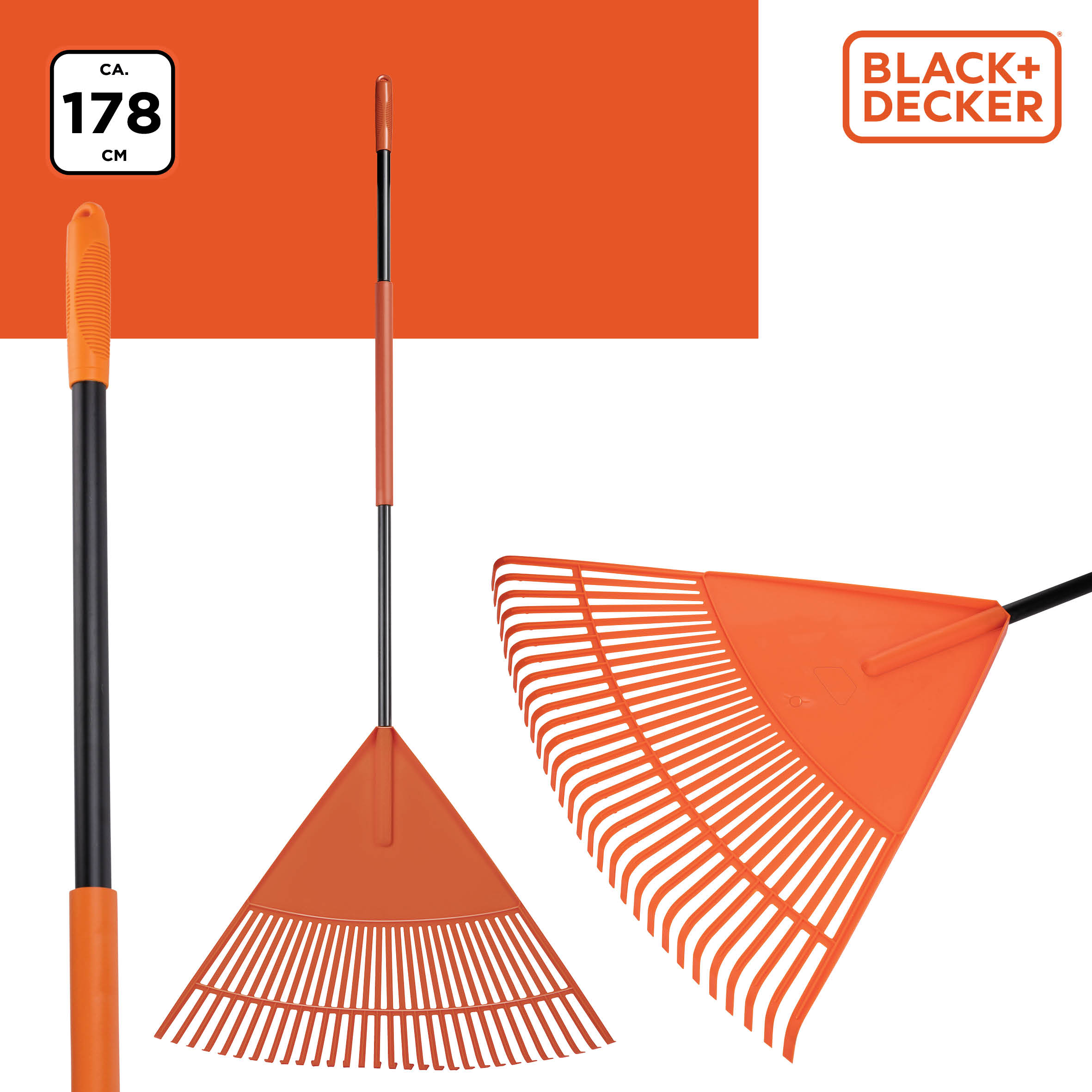 A leaf rake with a long handle and orange fan-shaped head. The background is white.