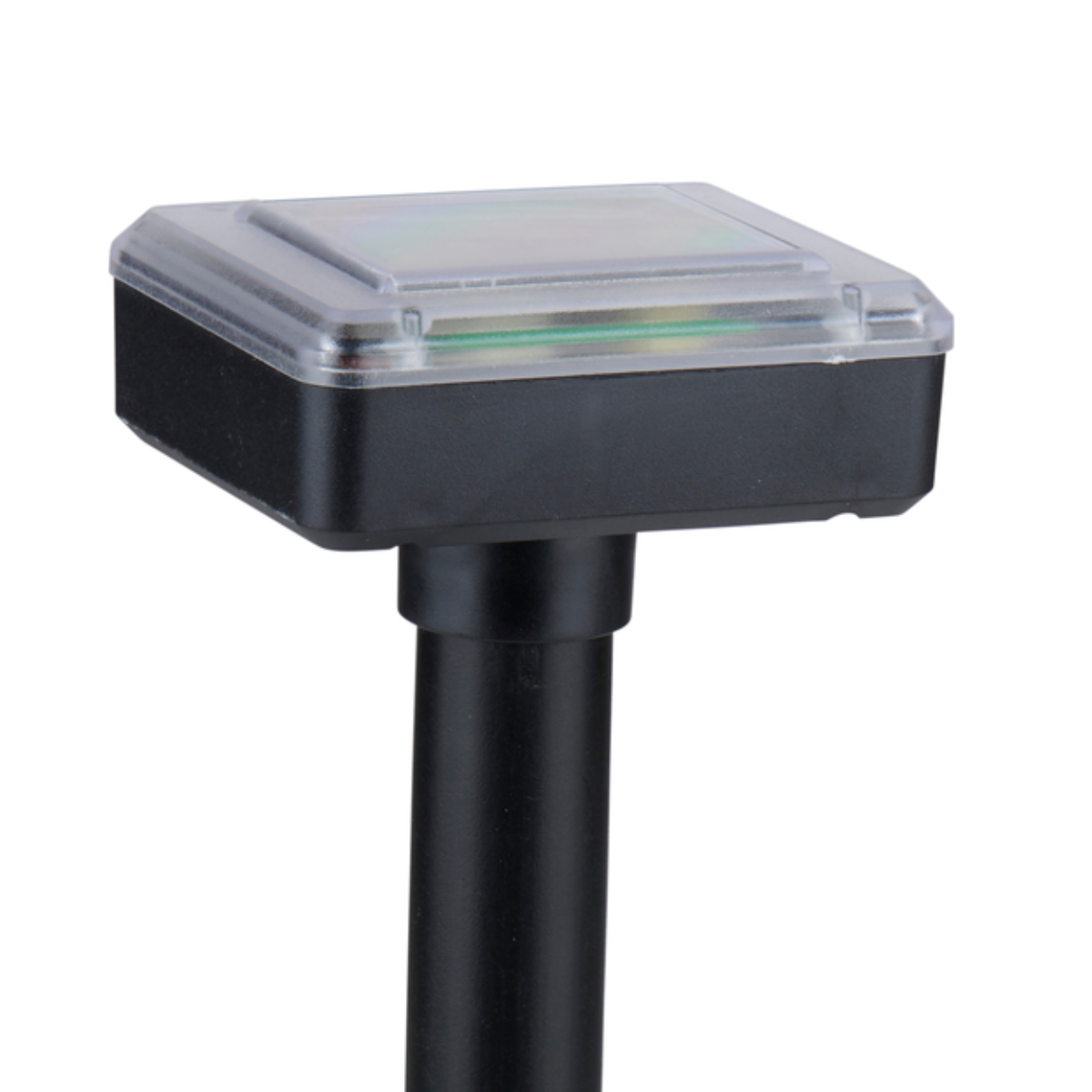 A black pest repeller with a solar panel and a black body.