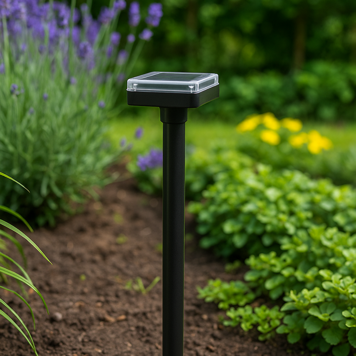 A solar-powered garden light. It has a black pole and a clear top. Green bushes are in the background.