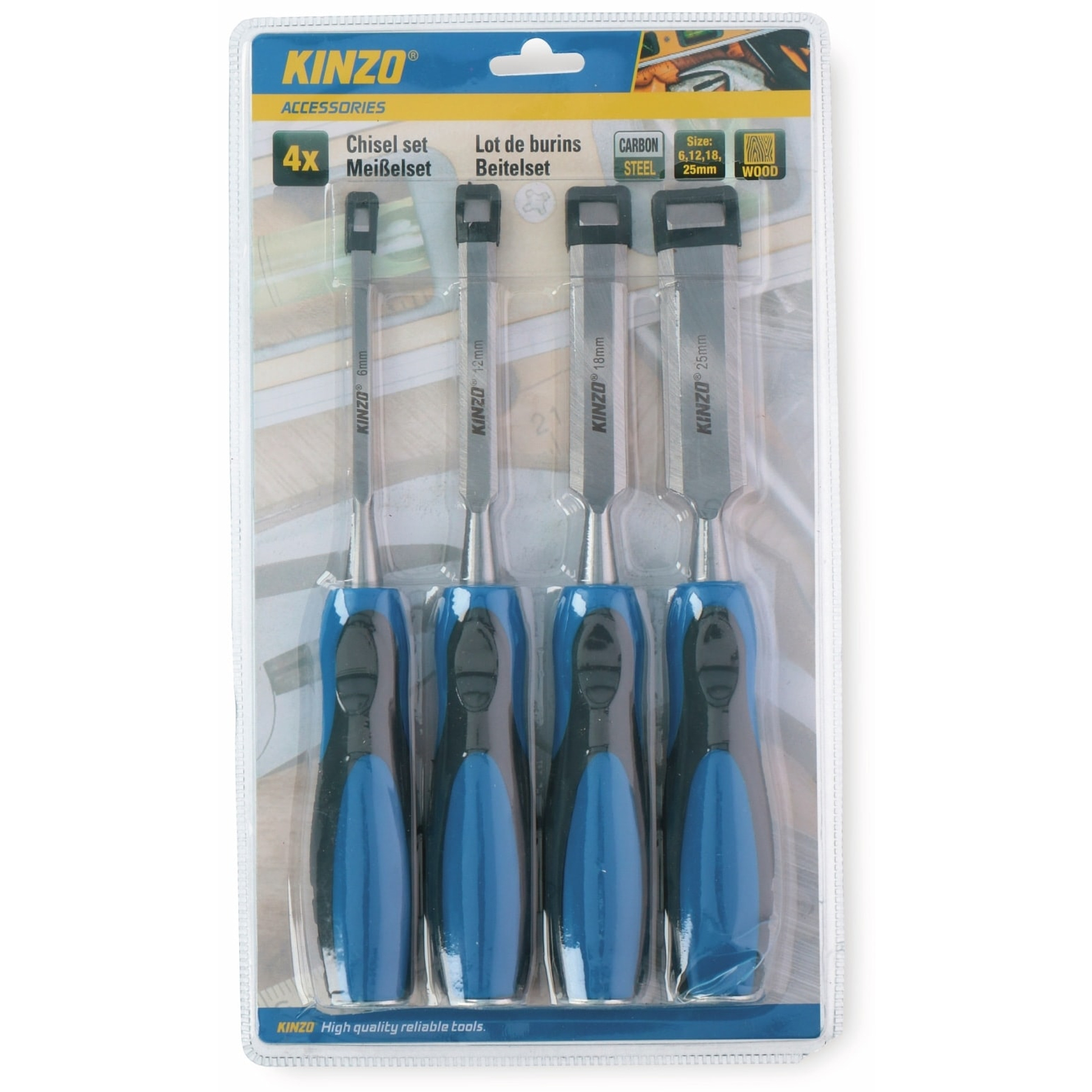 Chisel set in a plastic package. Four chisels with blue handles and black metal blades. Brand: KINZO.