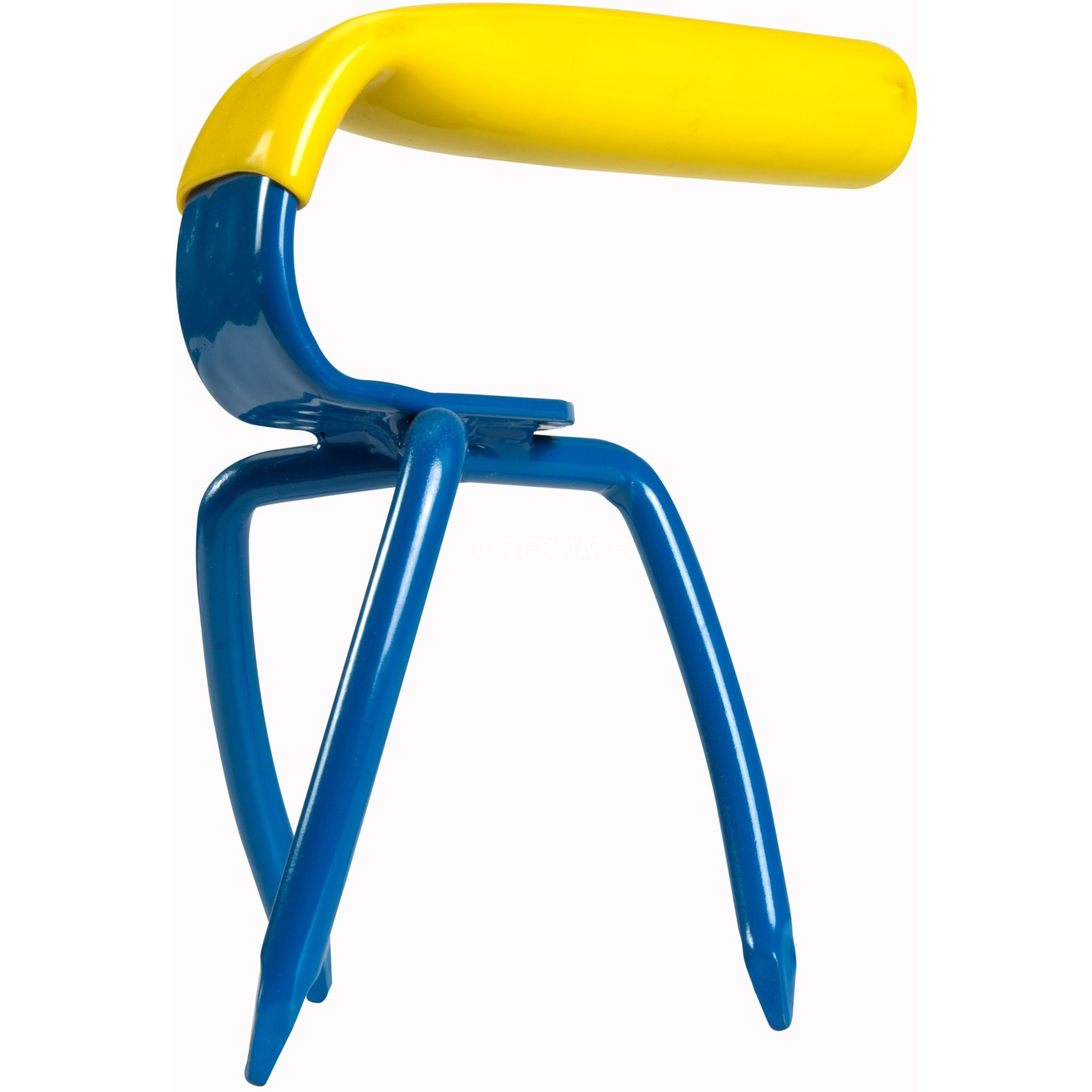 Blauw en gele tuingereedschap. Het heeft een gele handgreep en blauwe poten.
