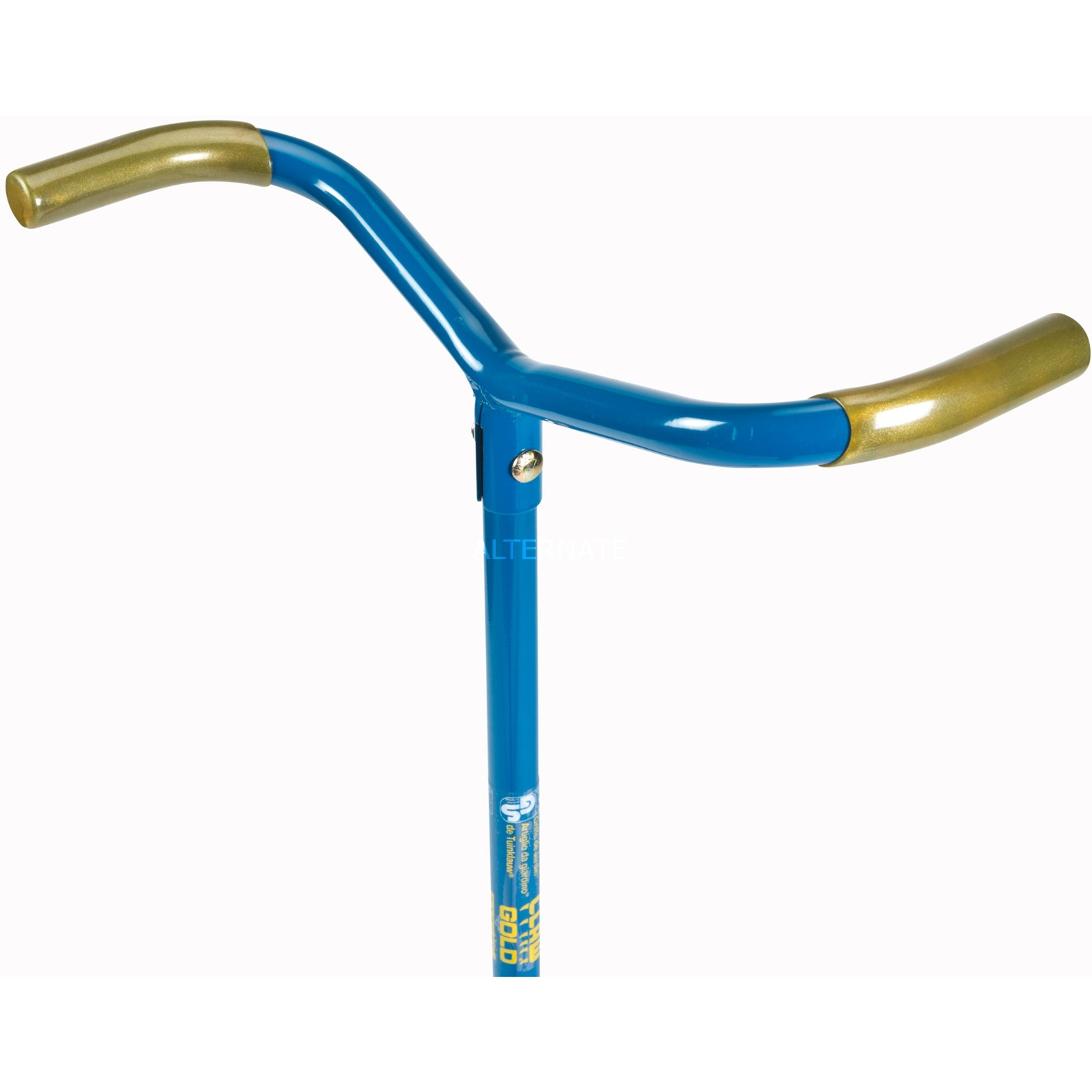 Blauw stuur van een scooter. De uiteinden van het stuur zijn goudkleurig. Witte achtergrond.