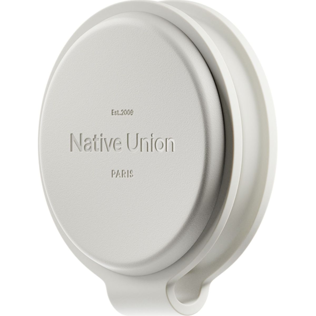 Weißes, kreisförmiges Gerät mit Native Union Logo. Es hat einen gebogenen Rand und eine kleine Lasche. Der Hintergrund ist weiß.