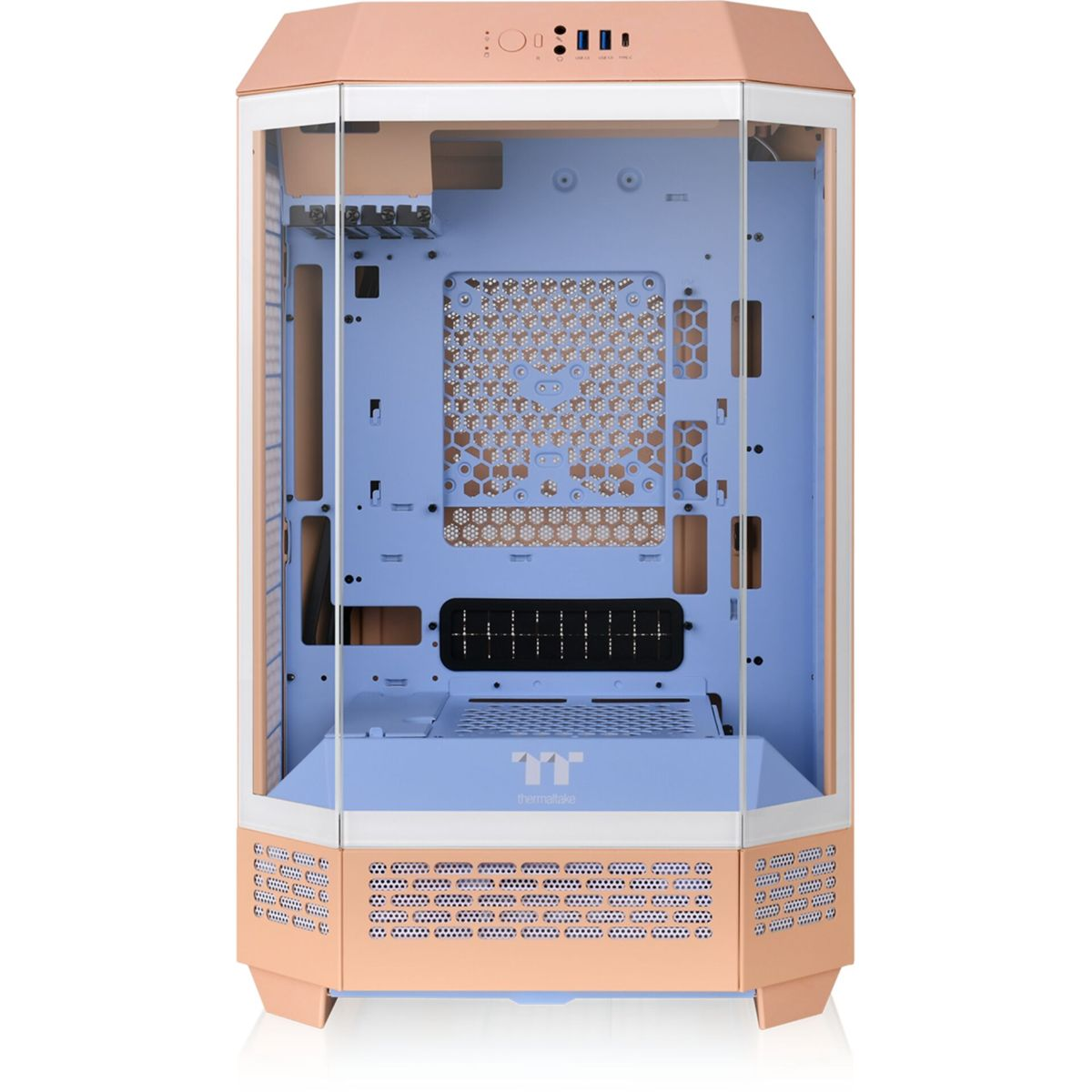 Case per computer con dettagli rosa e bianchi. Pannello frontale in vetro. Colore pesca all'esterno.