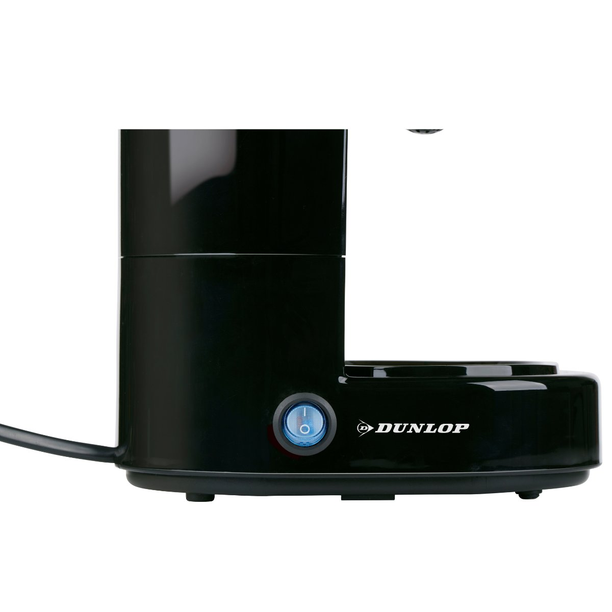 Close-up of a black coffee maker base with a blue power button and Dunlop branding.