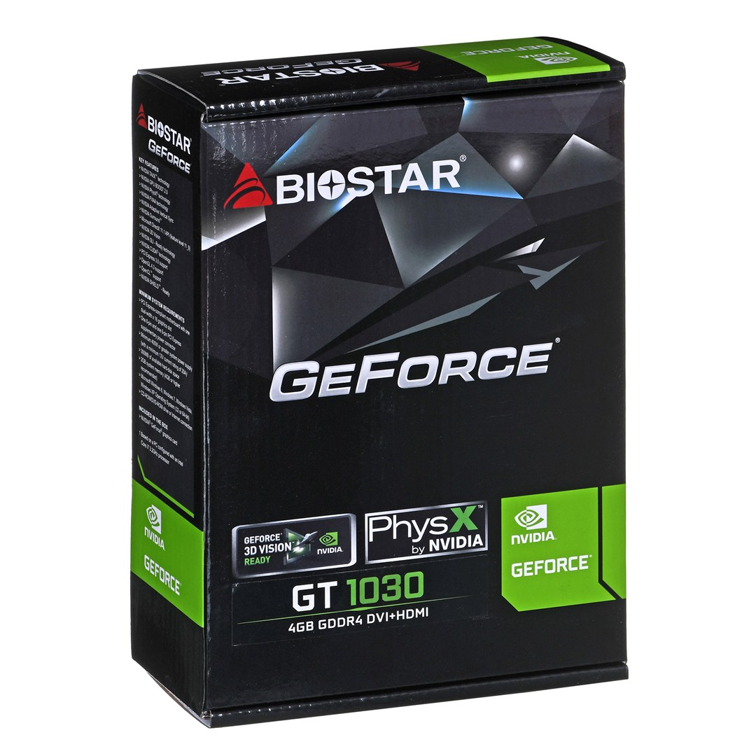 Czarno-zielone pudełko karty graficznej Biostar GeForce GT 1030.