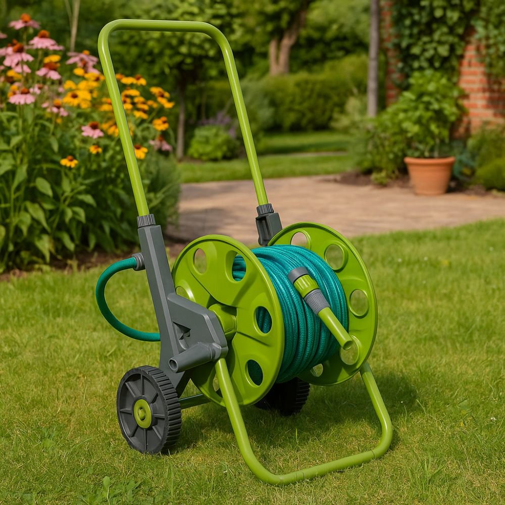Groene slanghaspelwagen op gras, groene slang opgerold. Bloemen en struiken op de achtergrond, een rode bakstenen muur, zonnige dag.