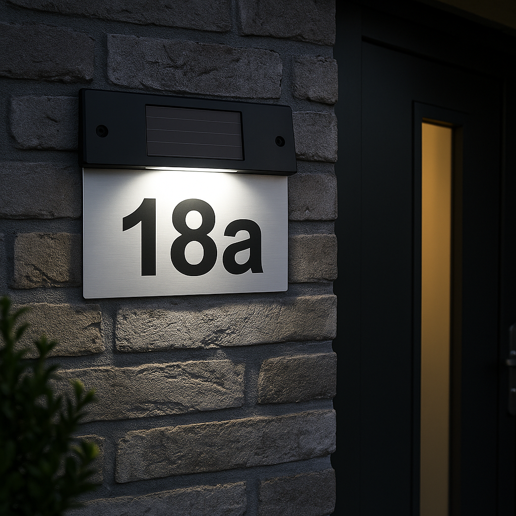A solar LED house number light on a brick wall, displaying the number 18a at night.
