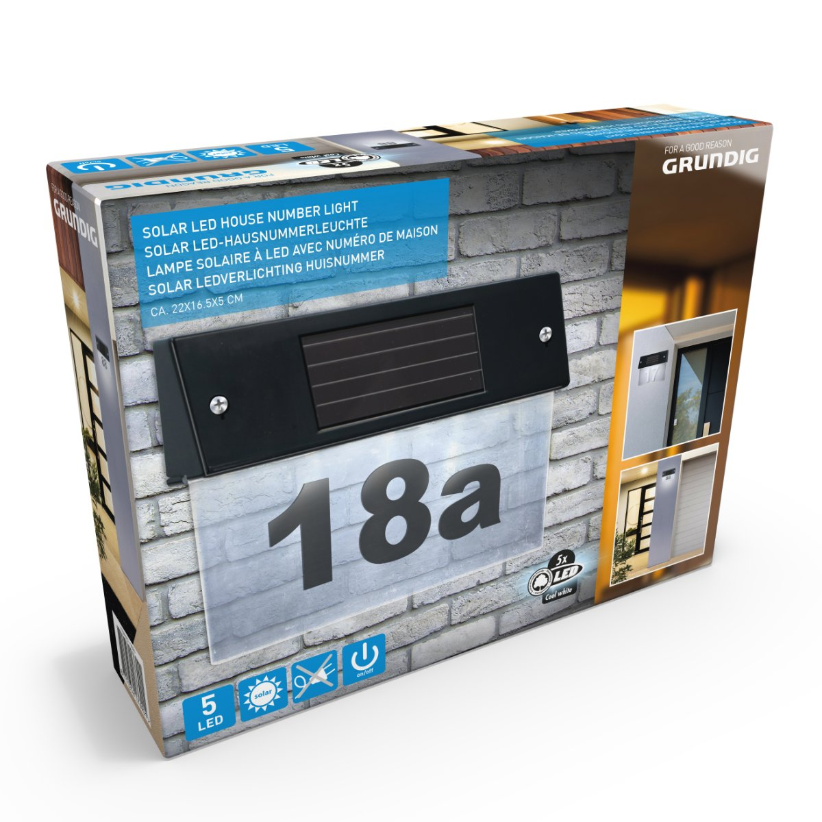 A box with a solar LED house number light, the number 18a is displayed.