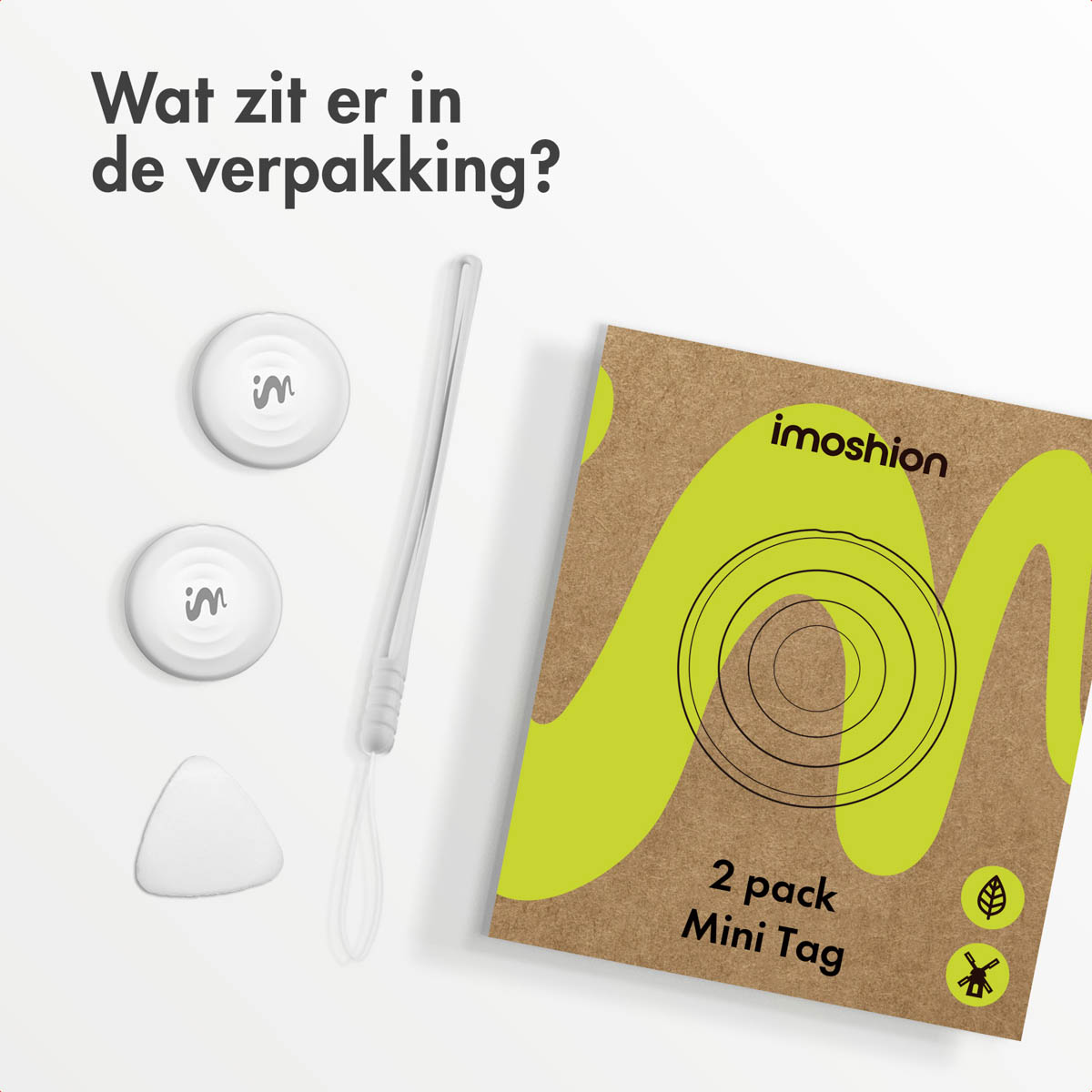 Two white tags, a white string and a pick. Text 'Wat zit er in de verpakking?' and imoshion logo.
