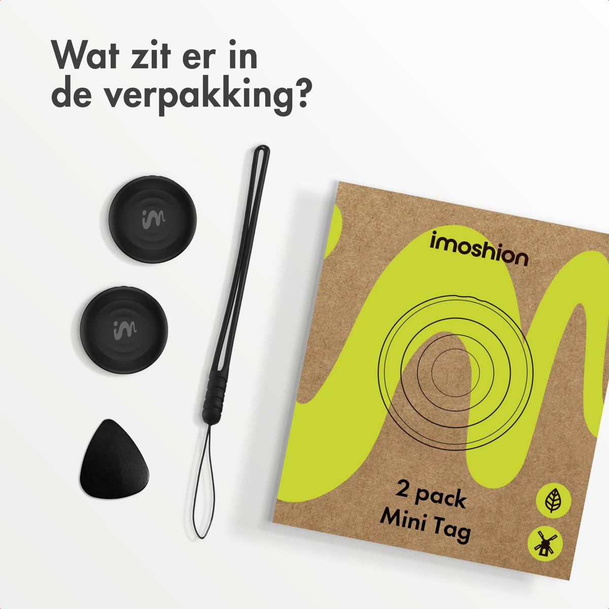Two black tags, a black string and a pick. Text 'Wat zit er in de verpakking?' and imoshion logo.