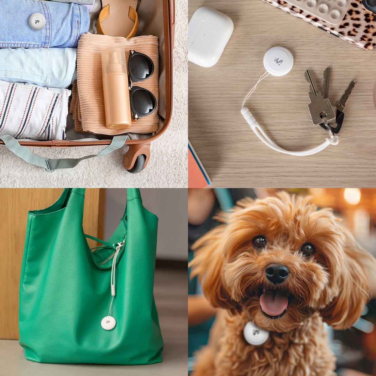 Four images. Suitcase, handbag, keys & tag, and a dog with a tag. All items have tags.